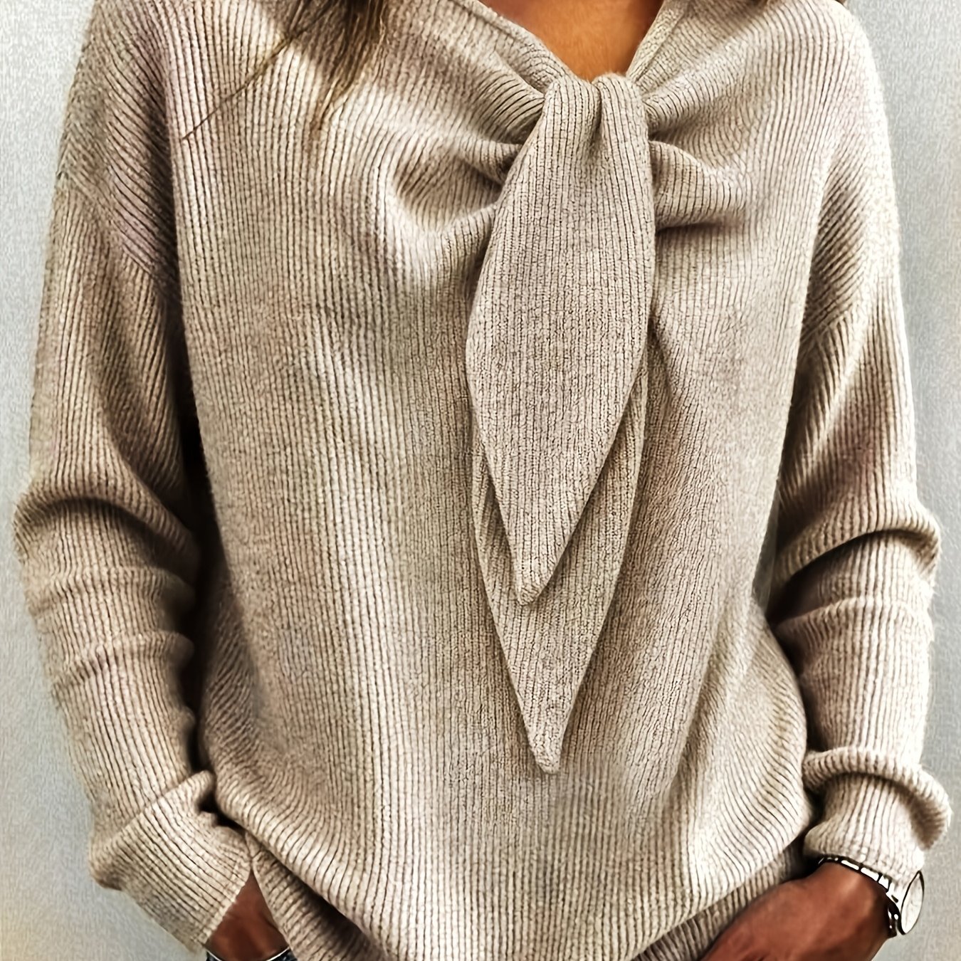 TEMU Pull élégant grande taille pour femme avec nœud sous le cou - Pull décontracté à épaules tombantes, pull d'automne-hiver adapté à une tenue
