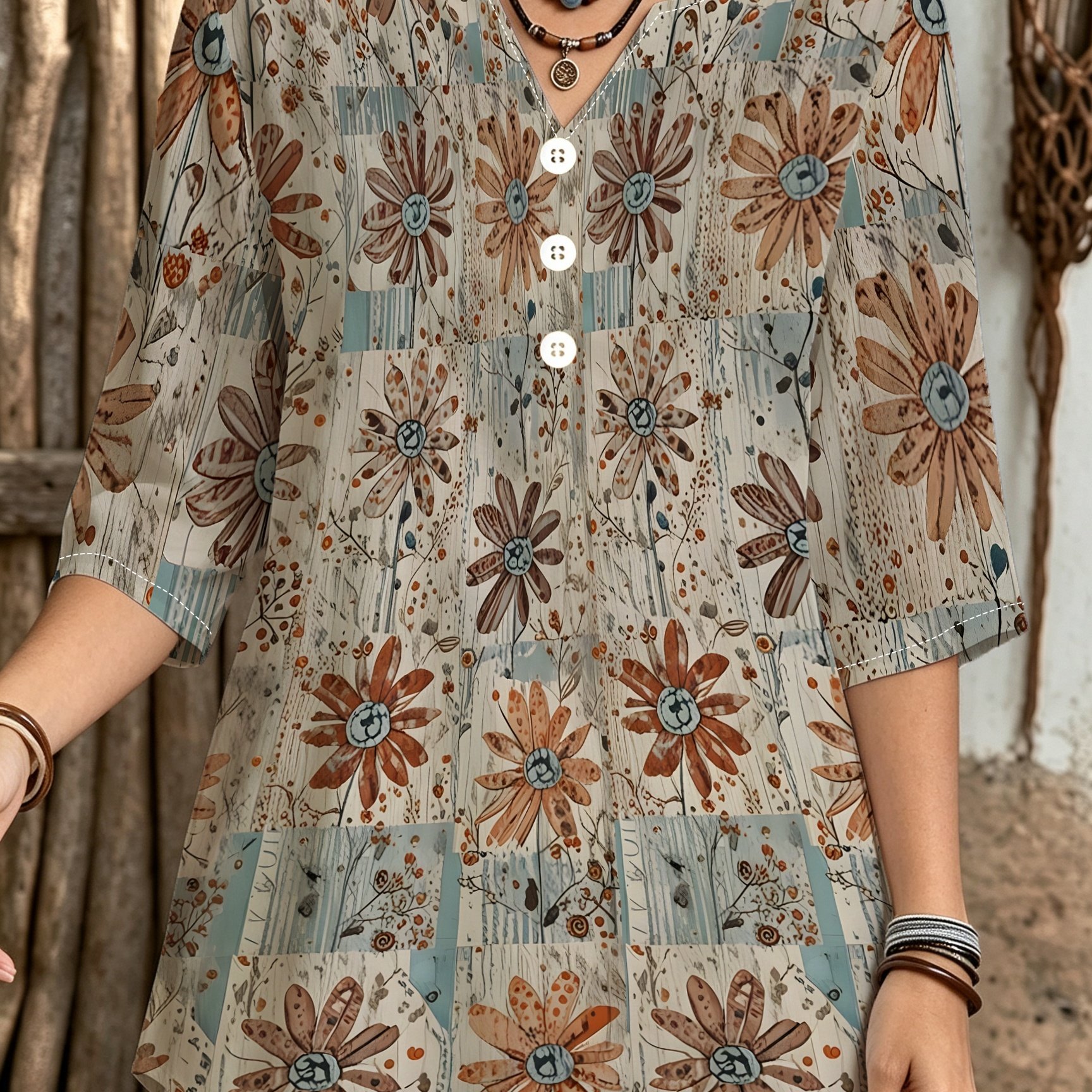 TEMU Printed Design – Not Textured: Women'-quarter Sleeve Top, Ethnic Style Short-sleeve Shirt, New Summer Casual T-shirt, A Perfect And Comfortable