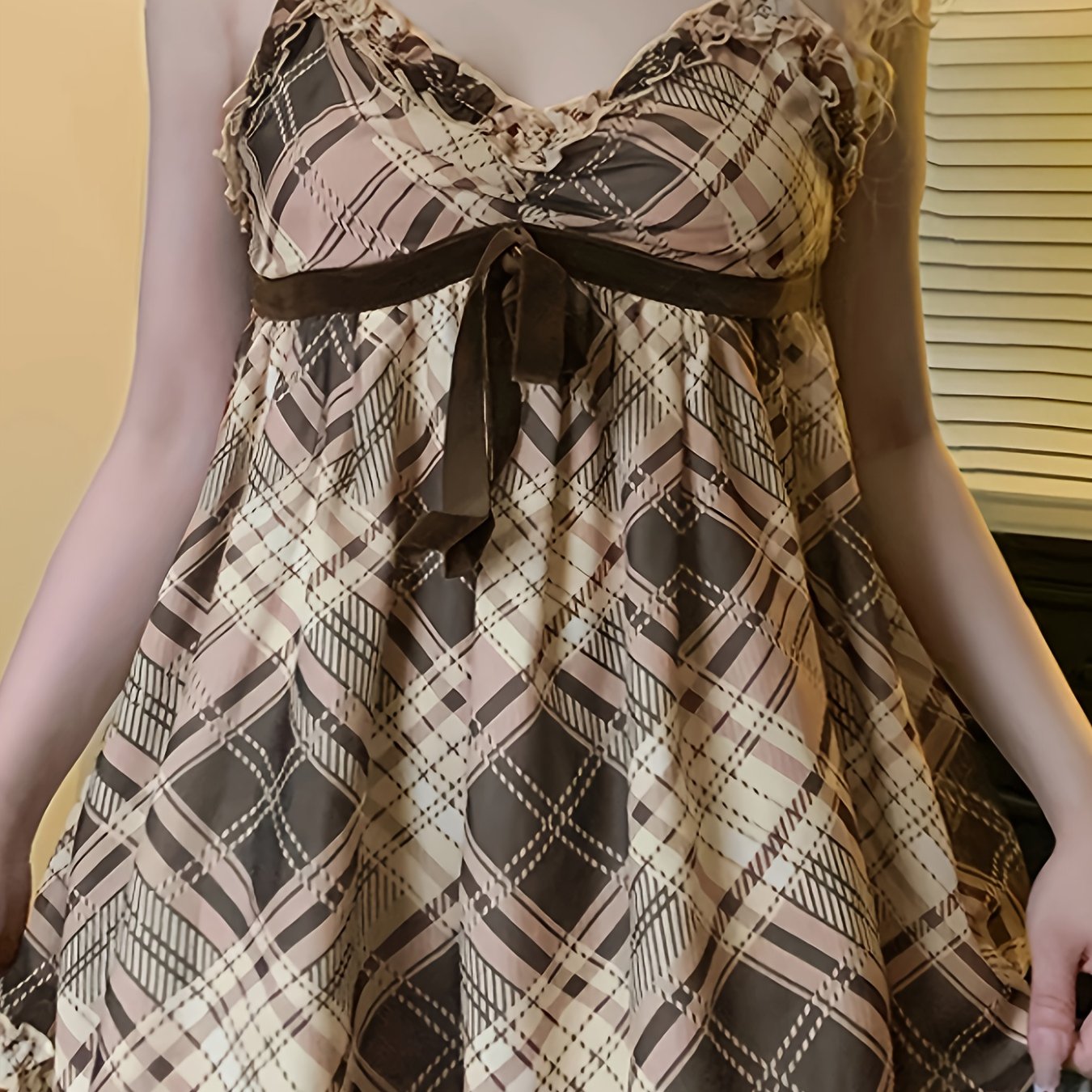 TEMU Französisch-inspiriertes Mädchenhaftes Schleifenmuster Trägerloses Top, Ärmellos, Stretch-Stoff, Beige Rautenmuster, Ideal für Casual-Ausflüge