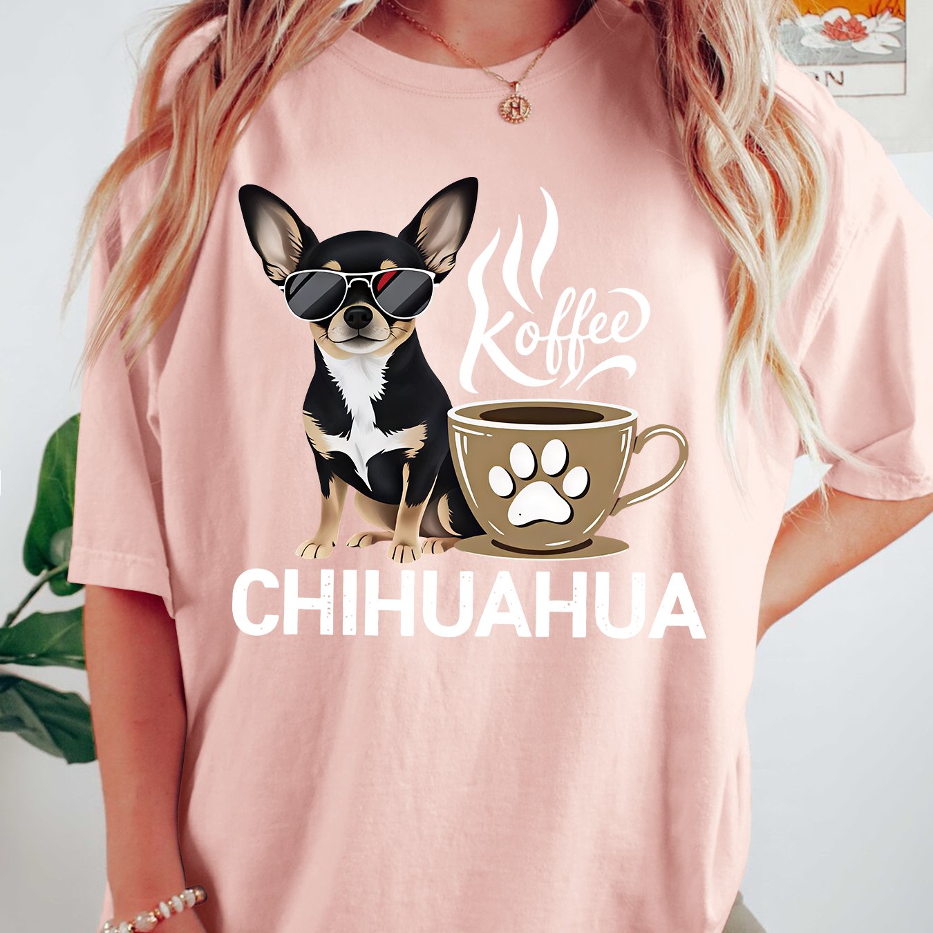 TEMU Women's Summer Plus Size Top | Chihuahua With Coffee Cup Trendy Print Women's T-shirt | Wearing Sunglasses Cool Black Tricolor Chihuahua Coffee