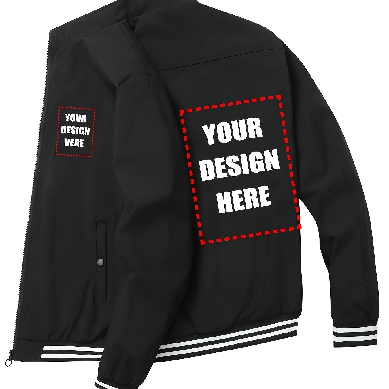 TEMU Custom Printed Baseball Jacket For Men In Style - Featuring A Black And With Red Highlights, A Lining, A Zippered Front, Ribbed Cuffs And