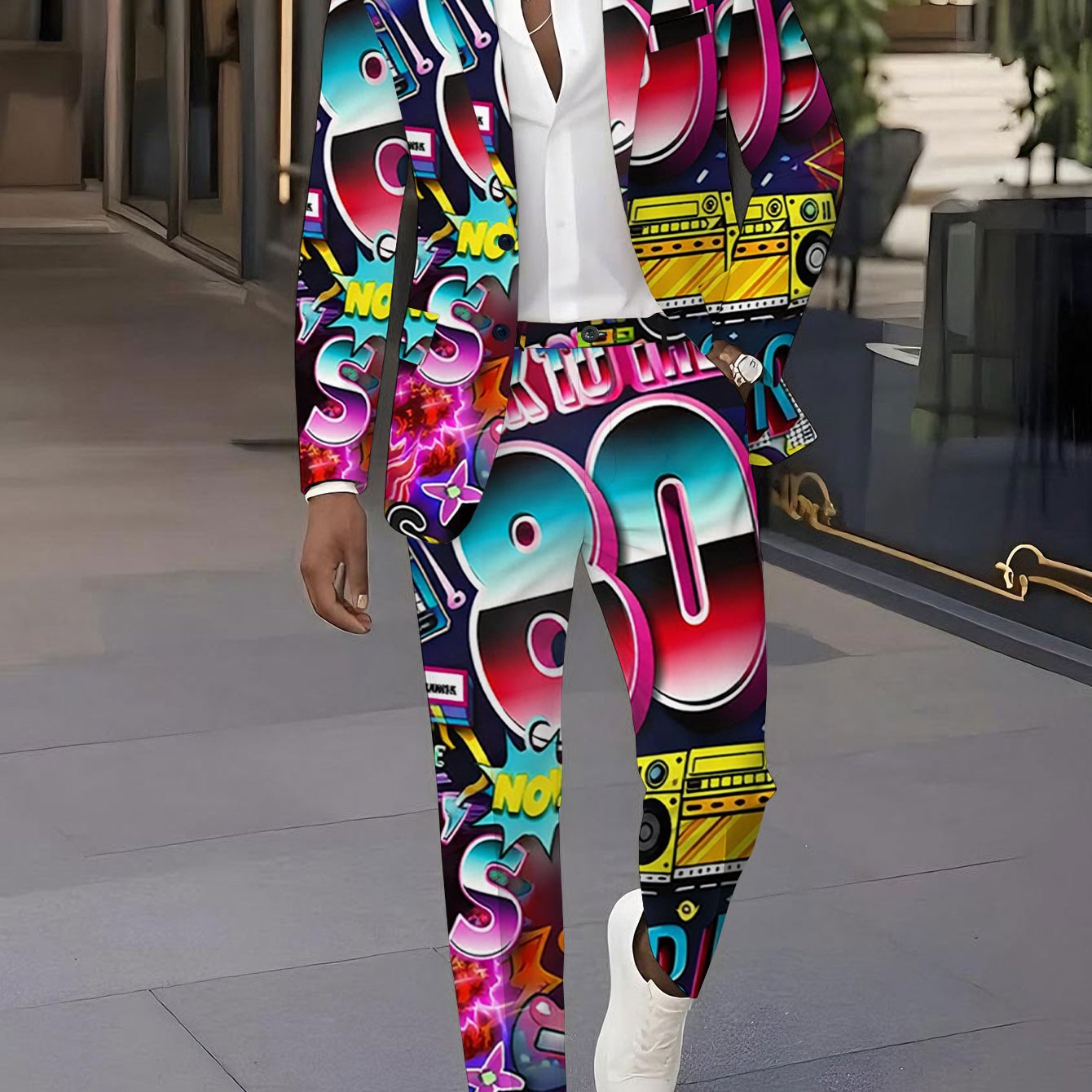 TEMU Men's Suit And Trousers Set With , Classic Party Wedding Banquet Suit Set With Colorful Illustrations, Trendy Fashion Printed Suit Jacket And