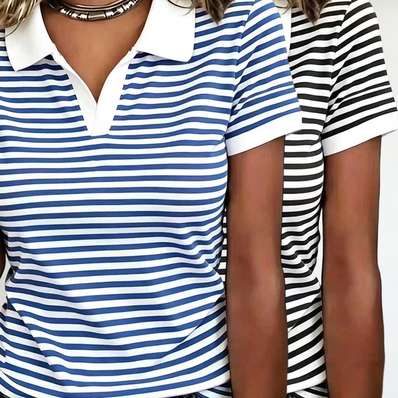 TEMU Striped T-shirt 2pcs Set - Women's Fashionable Relaxed Lapel T-shirt, Striped Design, Stylish And Versatile