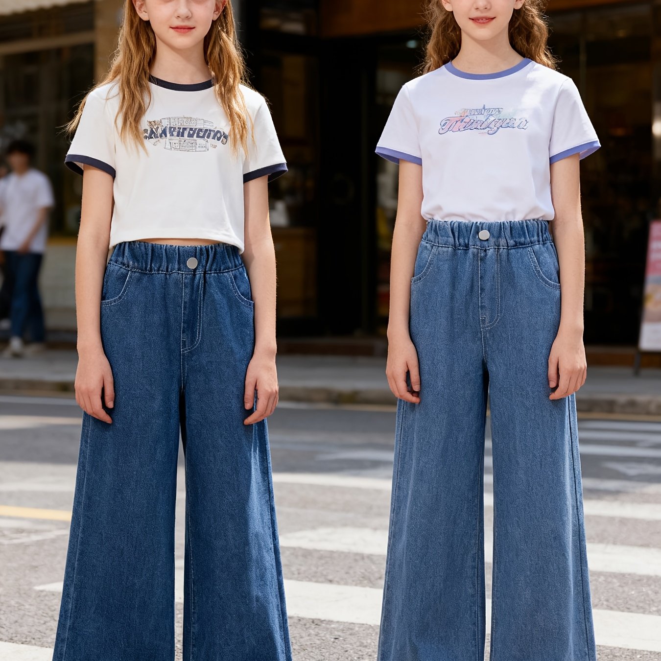 Girls' Button-up Wide-leg Denim Pants Loose Two-piece Set Casual