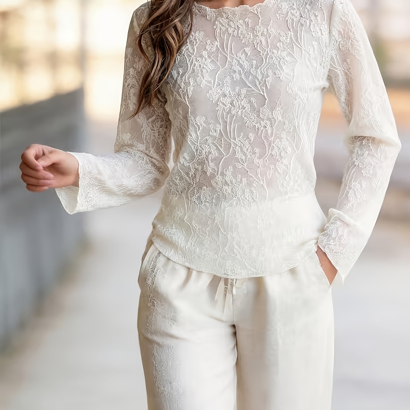 TEMU 2026 New Women's Lace Long-sleeve Top, Floral Design, Waist-cinching Slim Fit, Flared Cuffs, Elegant Commuter Blouse & Tee