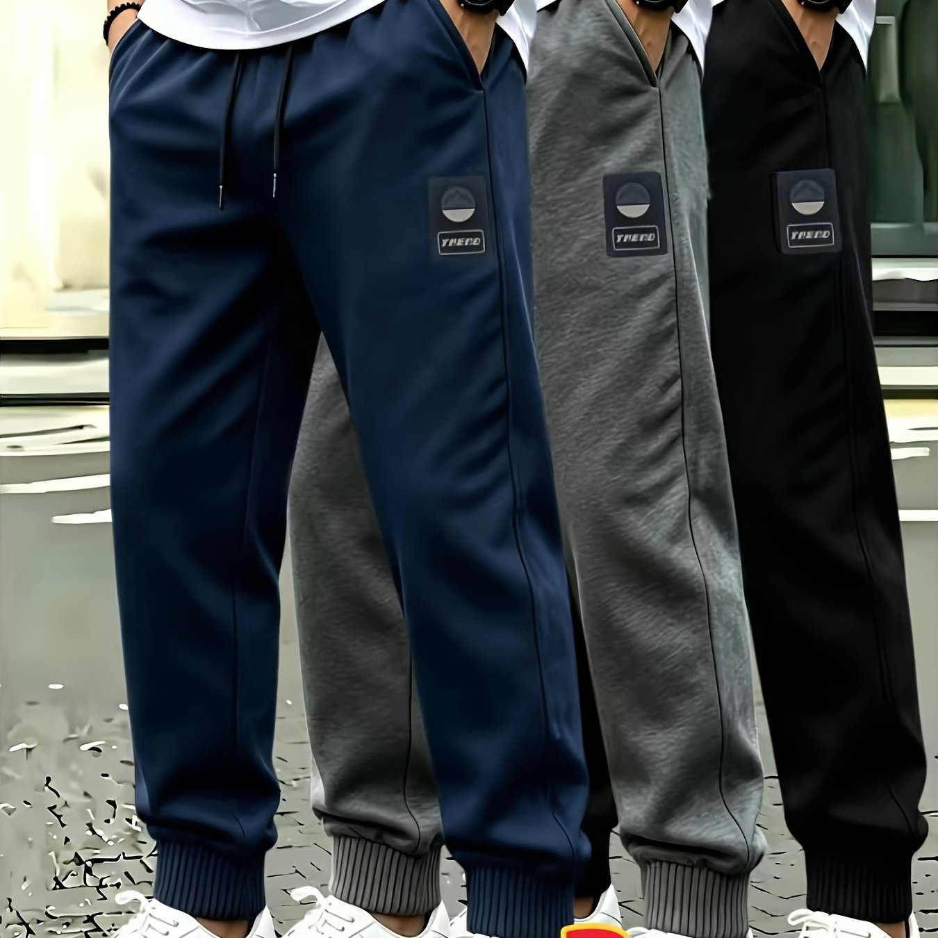 TEMU 3pcs Men's Casual Sports Pants - Durable, Versatile, Warm Polyester Fiber Drawstring Trousers, Machine Washable, Gift For Him/her