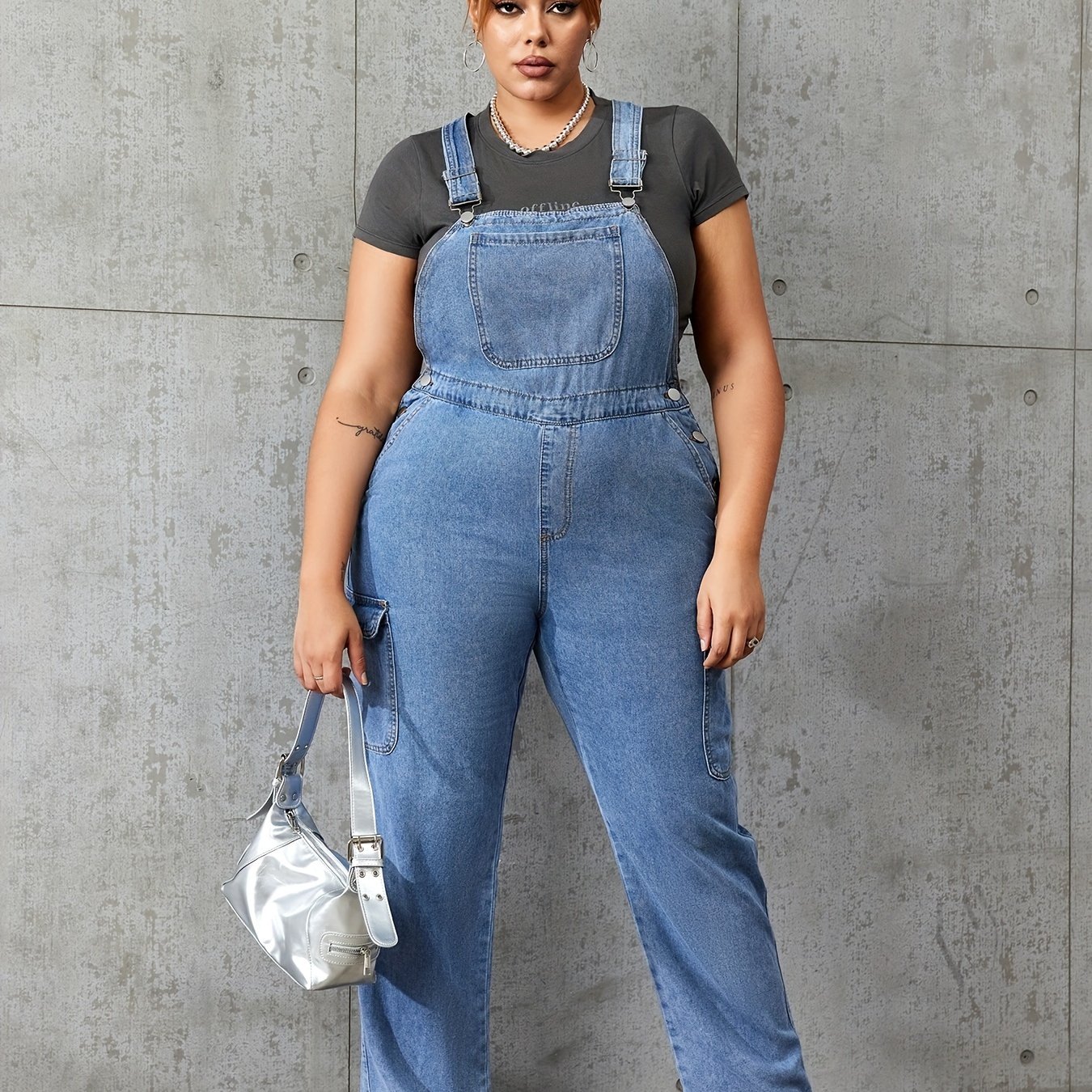 Plus Size Casual Denim Overalls Women's Plus Solid Button - Temu