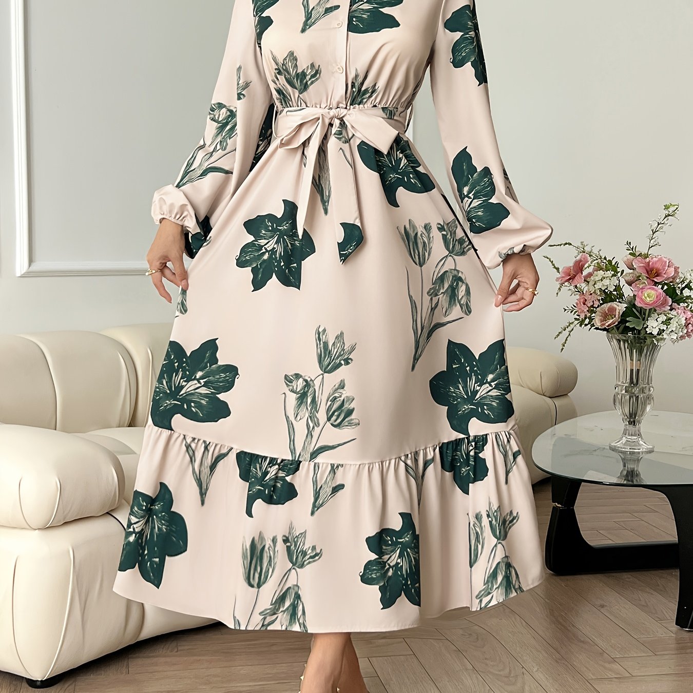 E-shop Damens Elegantes A-Linien-Kleid mit Verstellbarem Taillenband & Botanischem Blätterdruck - Langarm Rundhalsausschnitt Maschinenwaschbar,