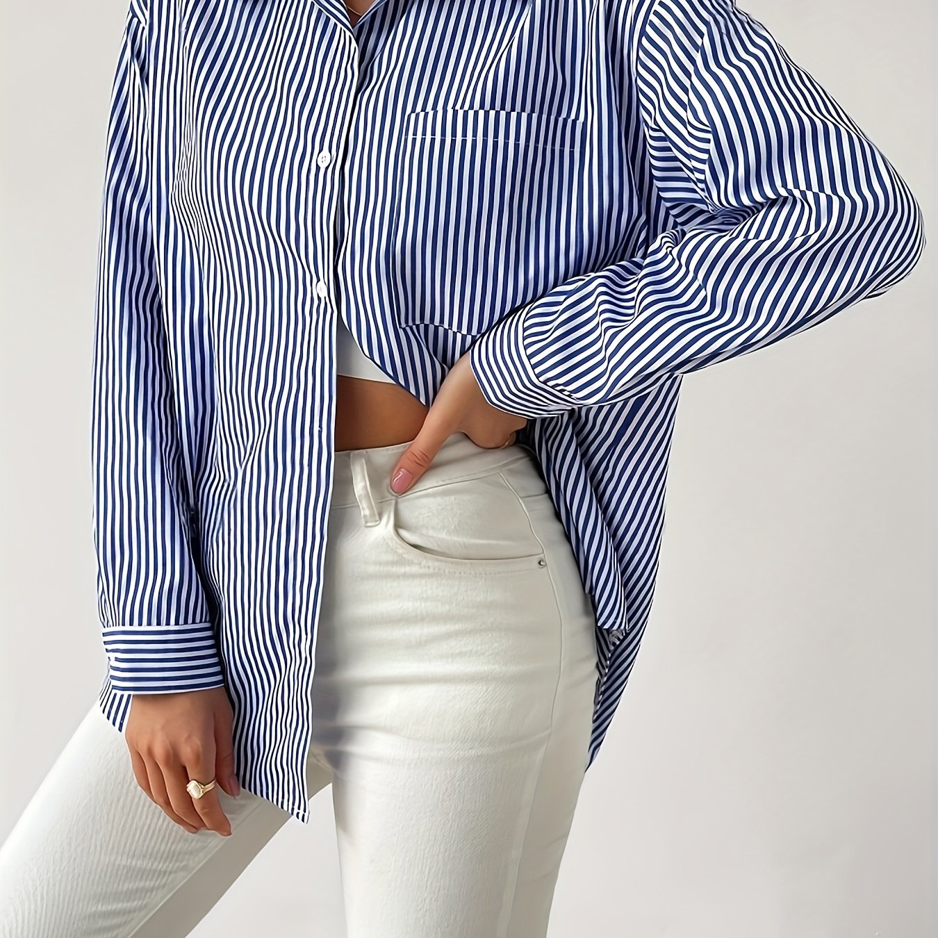 TEMU Stripe Print Button Up Shirt, Elegant Breast Pocket Long Sleeve Collared Shirt For Spring & Fall, Women's Clothing