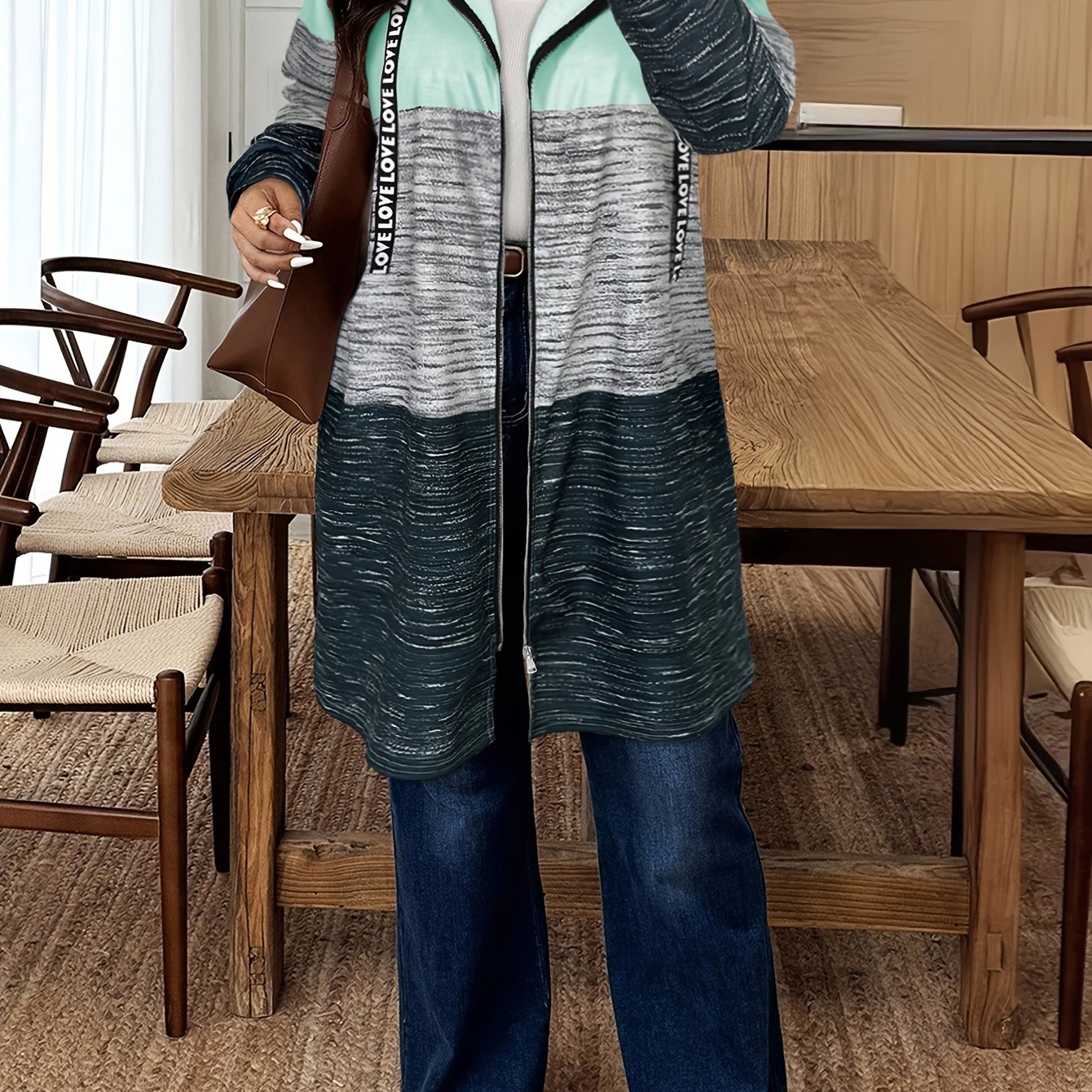 Image of Plus Size, Cross-border Autumn/winter -block Printed Letter Drawstring Hooded Long-sleeve Pocket Women's Plus-size Casual Jacket