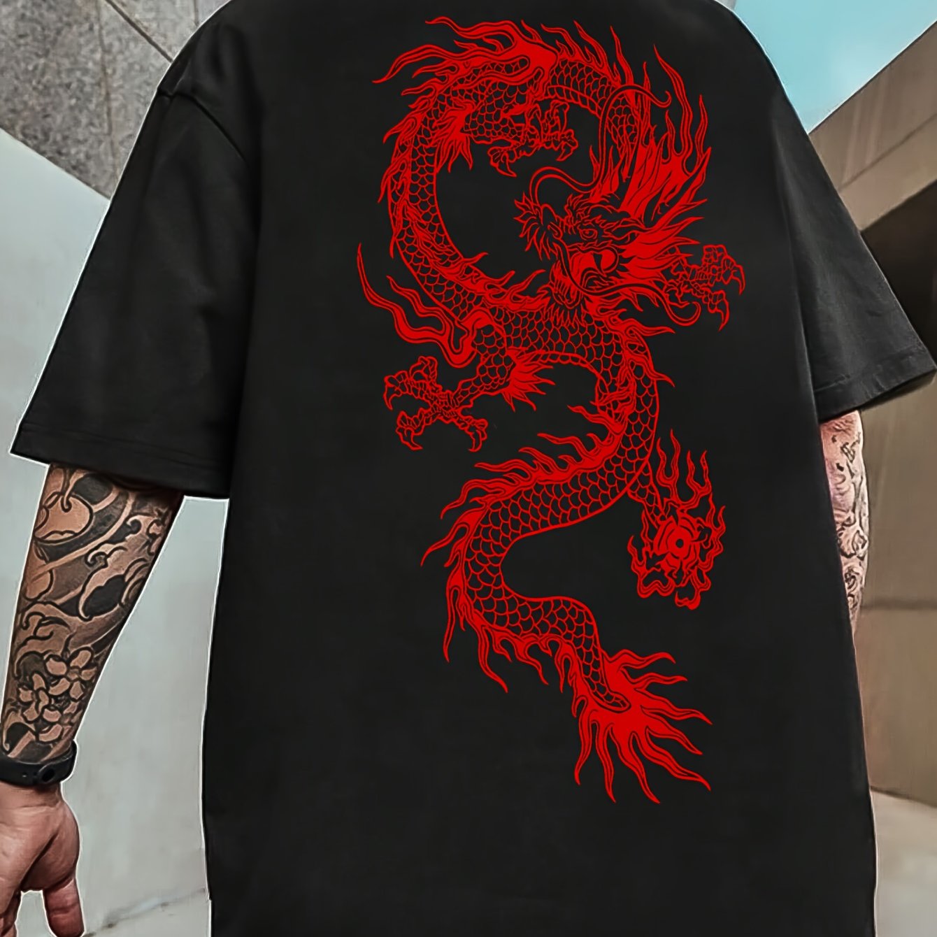 TEMU Red Dragon Element Back Graphic Print Tee Shirt, Tees For Men, Casual Short Sleeve T-shirt For Summer