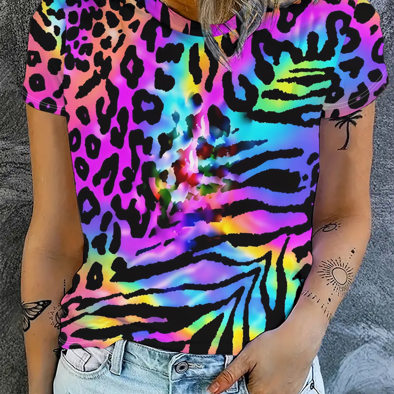 TEMU [printed Design â Not Textured] Colorful Leopard And Zebra Print Spliced Short-sleeve T-shirt, Vibrant With A Unique And Design