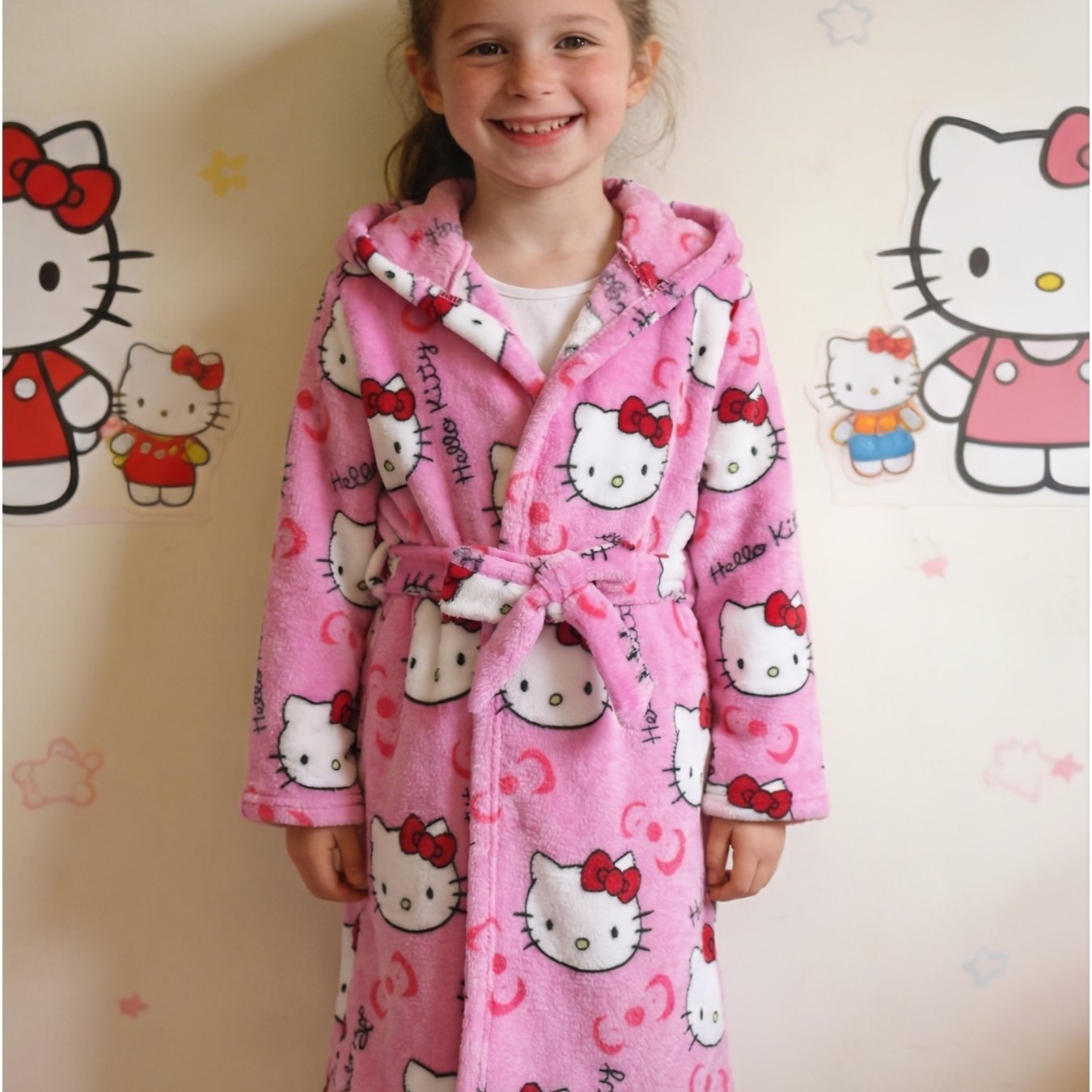 Image of Hello Kitty Girls' Flannel Robe, With Tie-belt Design, Use, Perfect Gift For Hello Kitty Fans, Birthday Gift, New Year Gift, Valentine's Day Gift