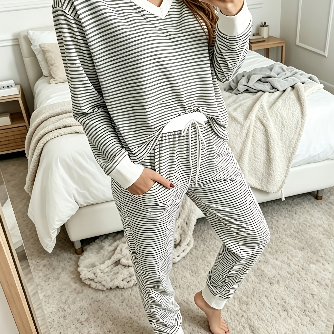 TEMU Ensemble de détente pour femme à col en V, rayé, color-block, avec manches longues, pantalon long, faux cordon de serrage et poches