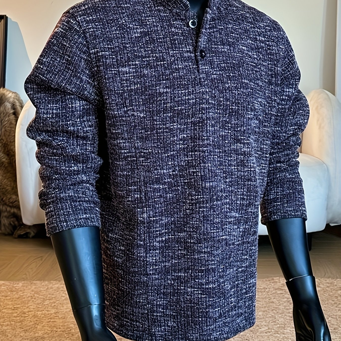 TEMU Autumn/winter Striped Men's Loose Long Sleeve Casual Stand Collar -lined