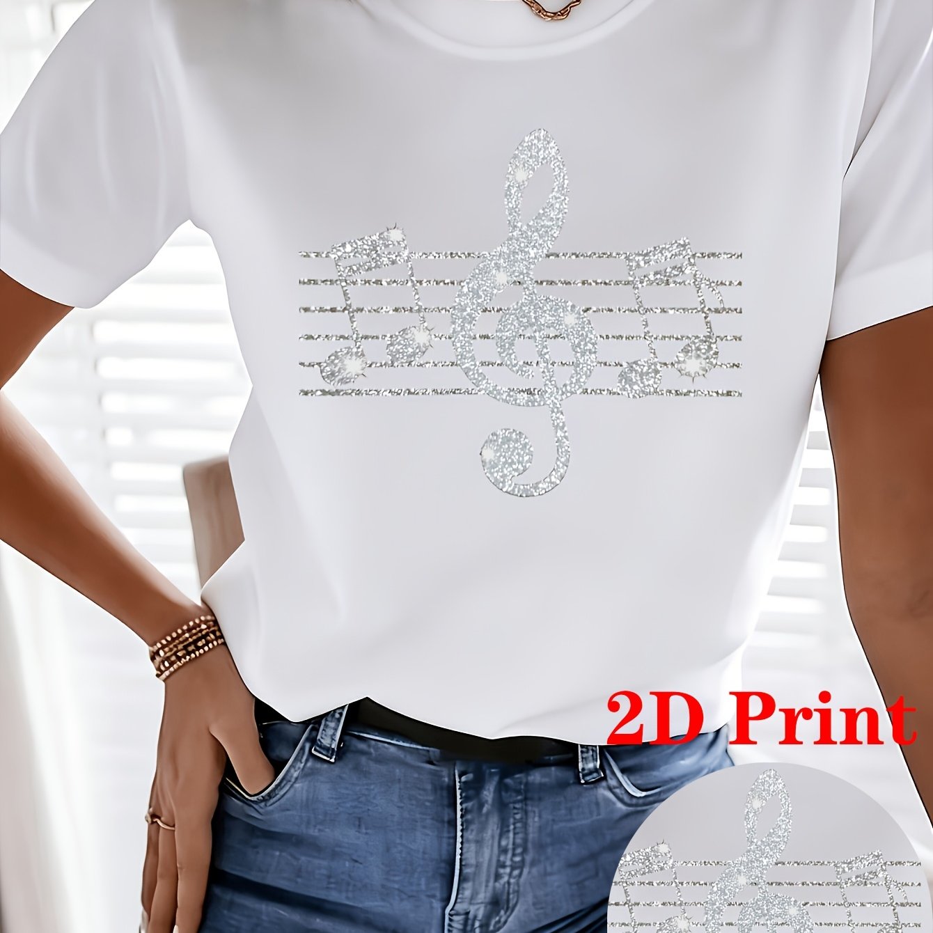 TEMU Plus Size, 2d Print Plus Size Women Crew Neck Short Sleeve White T-shirt, Rhinestone Treble Clef Staff Musical Note Center Chest Graphic Loose