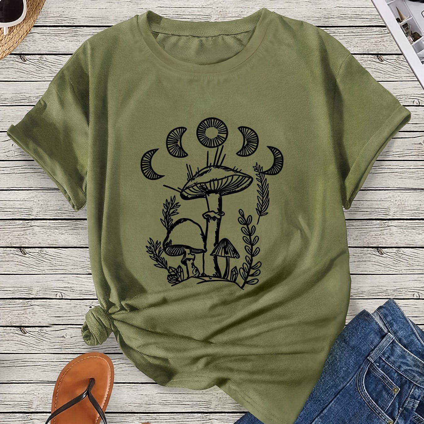 TEMU Mushroom & Moon Graphic Round Neck Short Sleeve T-shirt, Casual Sports Tee, Women's Activewear