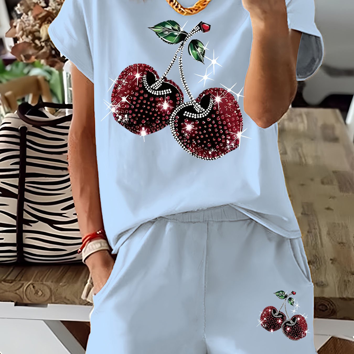 TEMU European And Spring And Summer Women's Clothing Featuring Cherry T-shirt And Shorts Two-piece Set With Circles