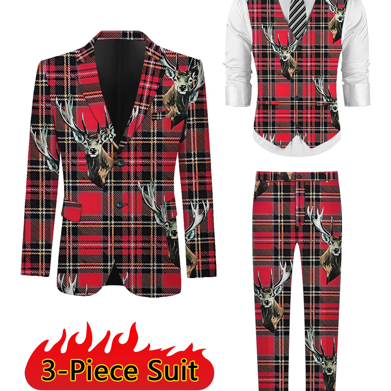 TEMU Men's Regular Fit Formal Suit Set With Jacket, Trousers, And Vest - 3pcs Red And Black Checkered Deer Head Pattern For Men, Includes Suit, Vest,