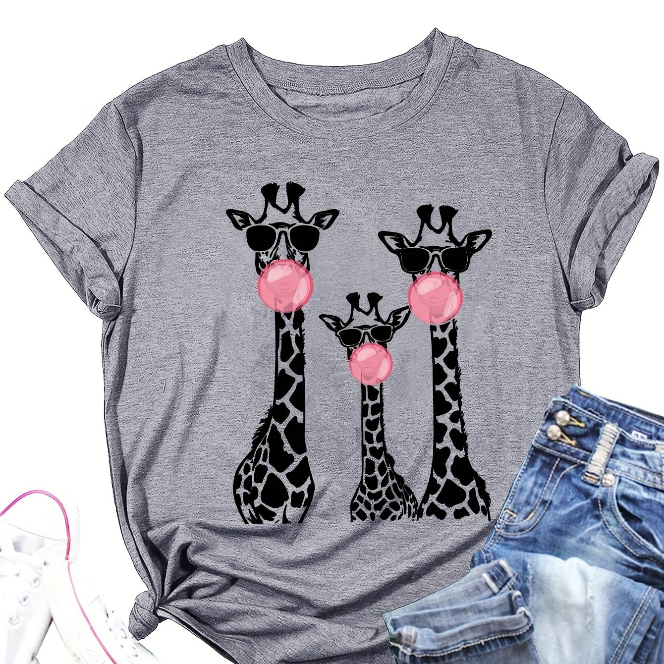TEMU Women's Giraffe Print T-shirt - Casual Crewneck Short-sleeved Top In Breathable Polyester For Spring And Summer