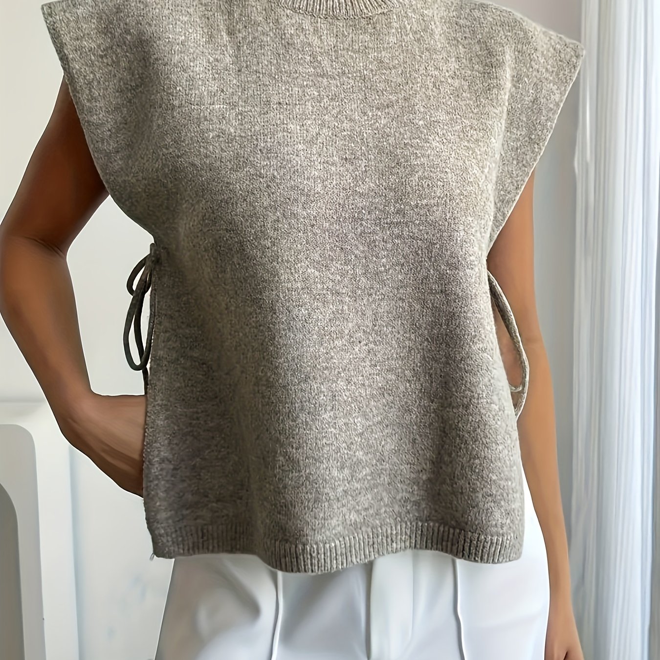 Women's Elegant Sleeveless Vest With Side Tie, Lightweight Breathable Casual Vacation Sweater Vest
