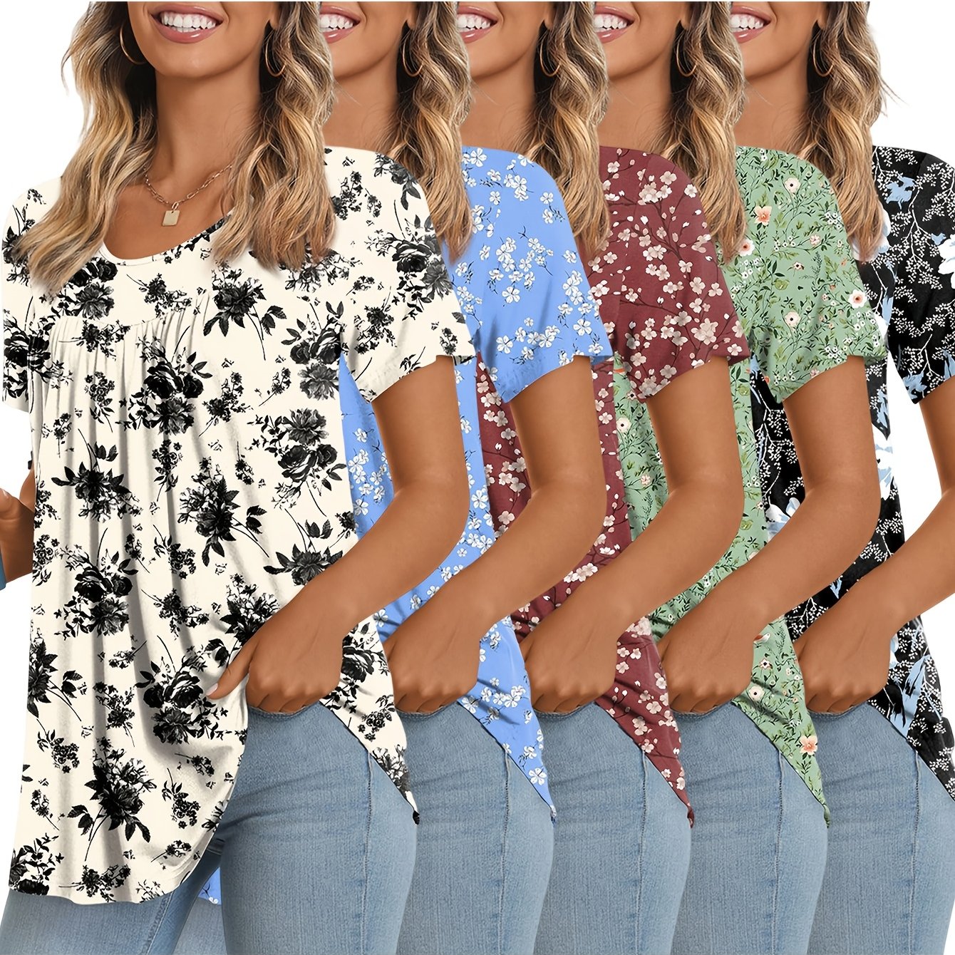 TEMU 5pcs Women's Comfortable Top Set, Casual Loose Comfortable Blouse, Round Neck Ruched Short Sleeve T-shirt