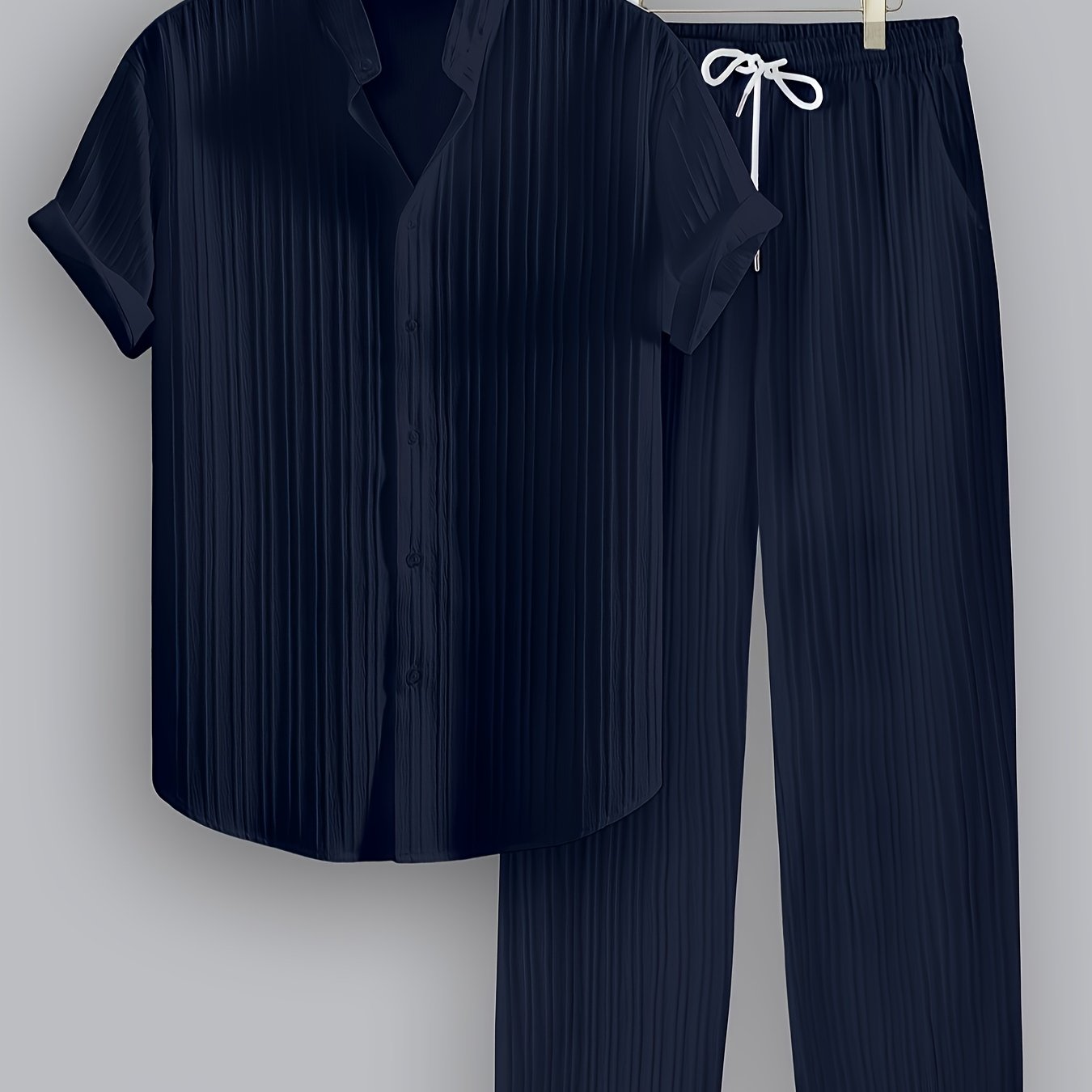 TEMU Conjunto de fibra a rayas casual para hombre, 2 piezas, camisa de manga corta con cuello mao y pantalones con cordón, tejido sin elasticidad,