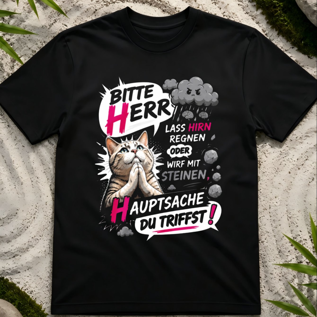 Image of Men' Funny German Sarcastic Quote T-shirt - "bitte Herr Lass Regnen" Praying Cat & Falling Stones - Casual Round Neck Tee Suitable For Wear, Machine Washable Humor Apparel For Everyday Outfits