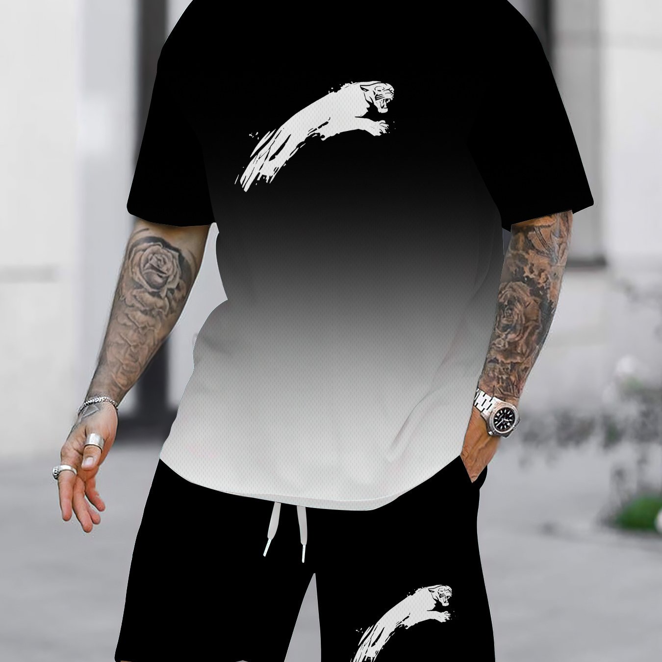 TEMU Men's Casual 2pcs Set | Round Neck Short Sleeve T-shirt And Drawstring Pocket Shorts, Ribbed Knit Fabric, Slightly Stretchy Regular Fit, Summer