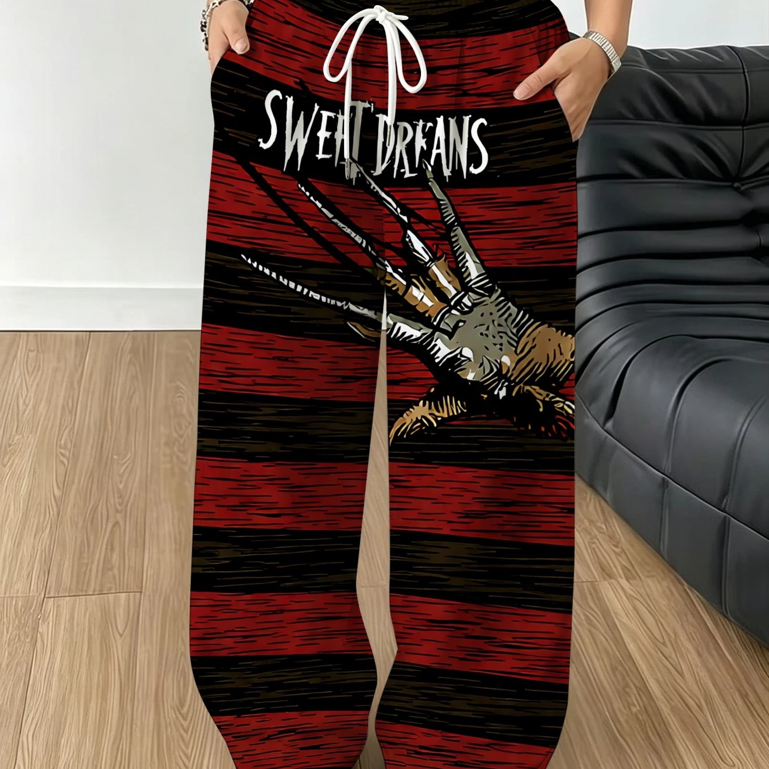 TEMU Women's Long Pants With , "" Text, And Metal Claw Print. Halloween And , Daily Casual Wear. Women's Drawstring Wide-leg Pants