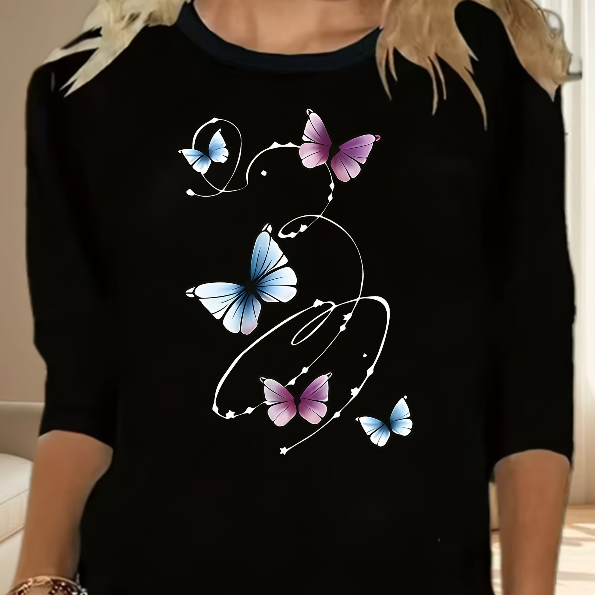 TEMU Women's Plus Size Oversized Long Sleeve T-shirt - Loose Fit Round Neck Blouse, Soft Breathable Print Top, Layering Shirt For Spring/autumn,