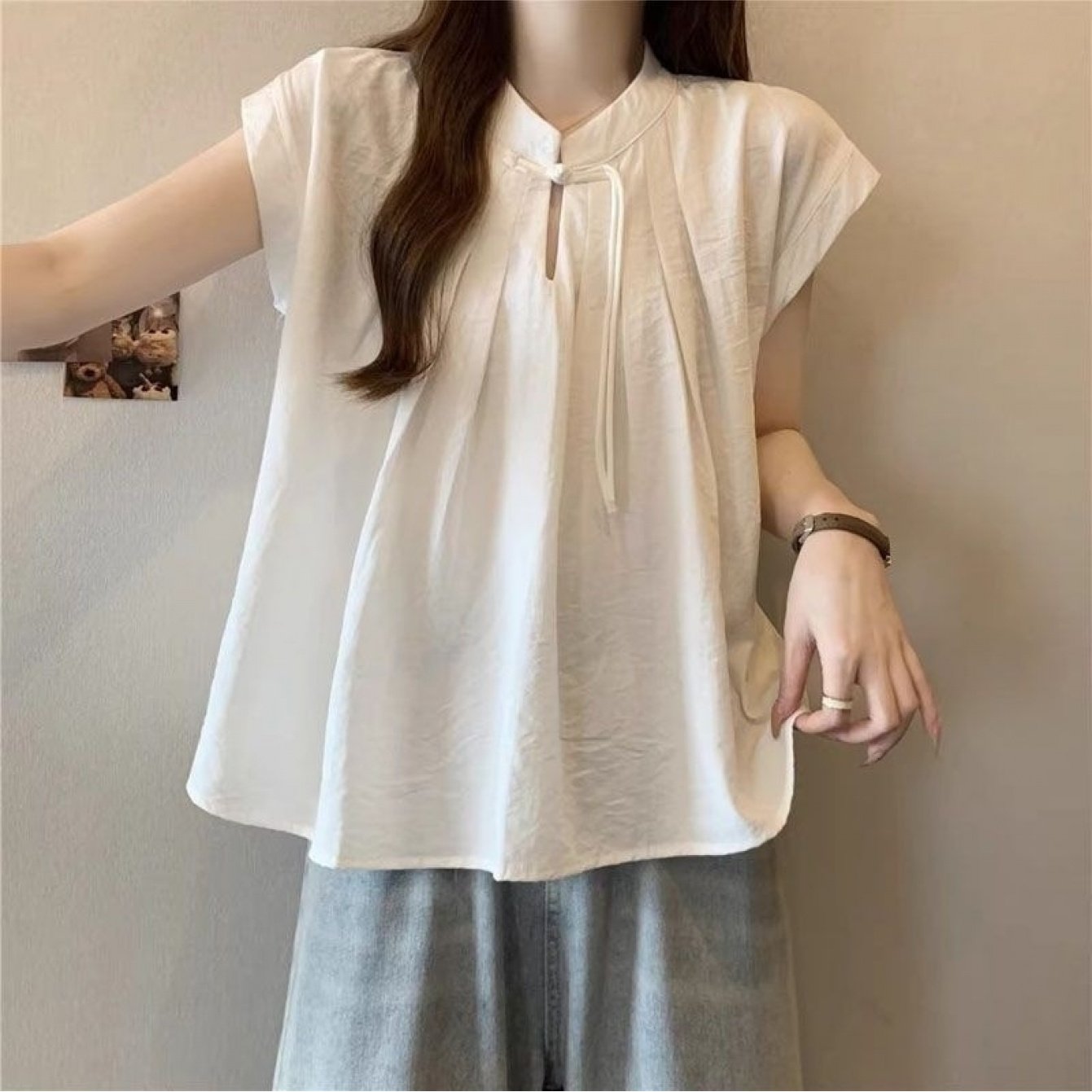 TEMU 禅スタイルシャツ 新中華風 レディース 夏 フレンチニッチ ホワイト 半袖シャツ ゆったり スタイル ト
