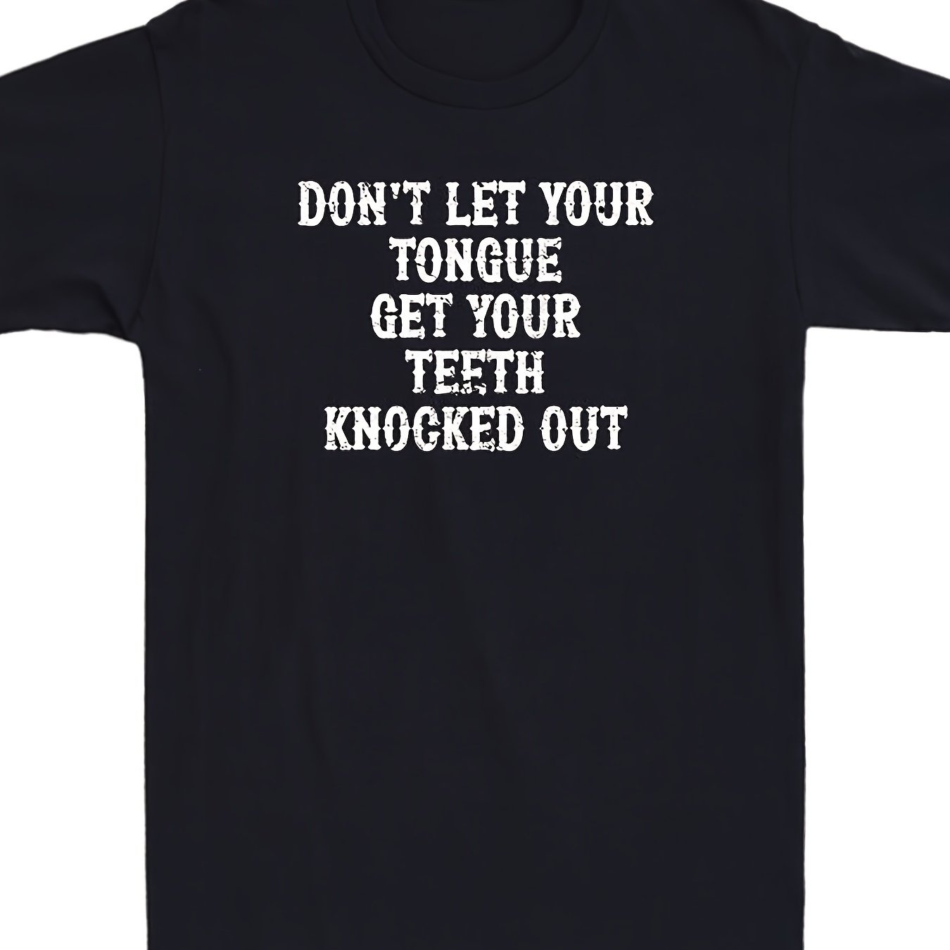 TEMU Dark Blue Short Sleeve Men's T-shirt- Vintage Text "don't Let Your Tongue Your Teeth" Printed On Chest, Round Neck Design, Perfect For Daily