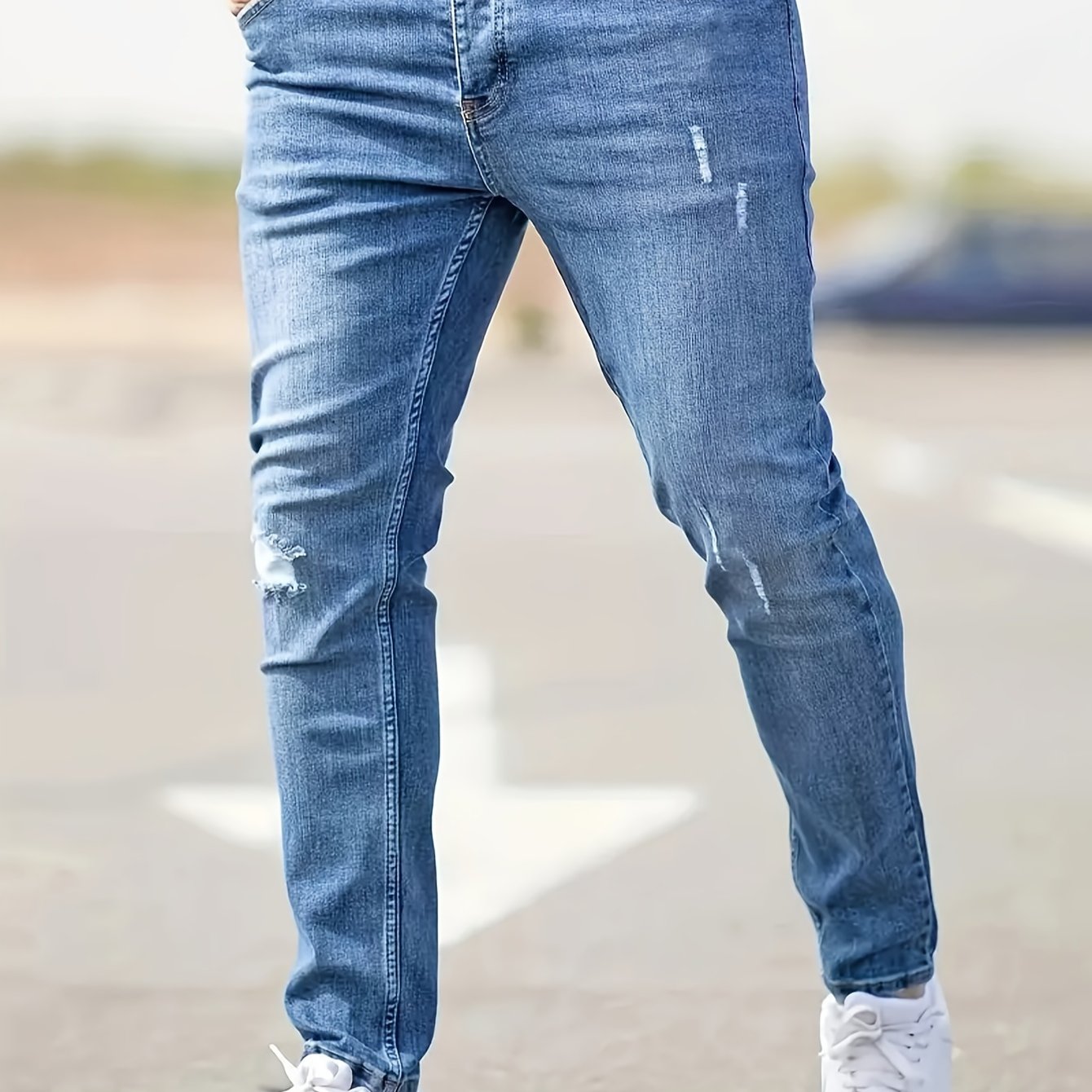 Men' Style Ripped Distressed Three-dimensional Cut Slim Fit Jeans With Elastic Ankle Cuffs, Motorcycle Trend