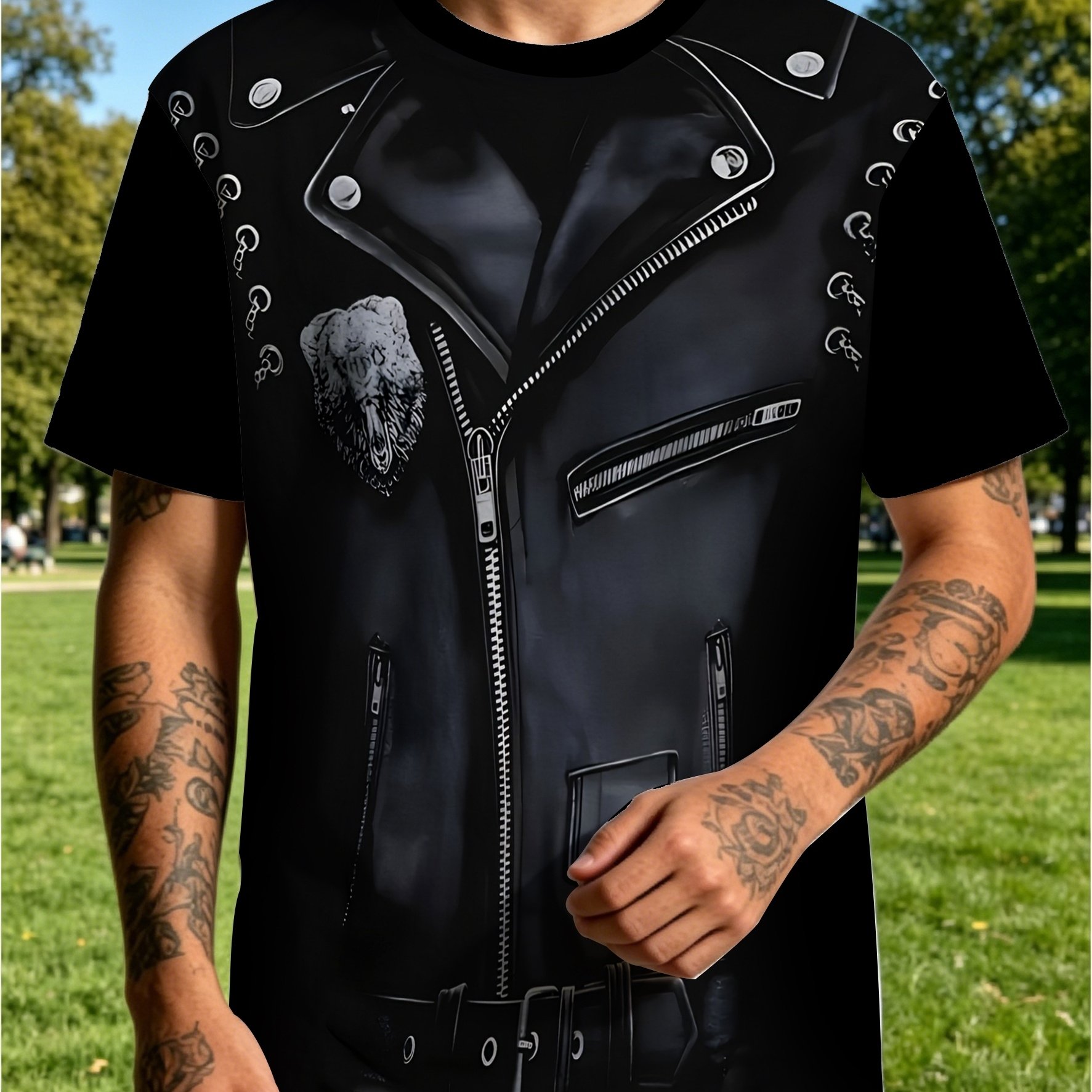 TEMU Men's [printed Design â Not Textured] T-shirt, Zipper Pattern Print Novelty Short Sleeve Crew Neck T-shirt, Outdoor Gift
