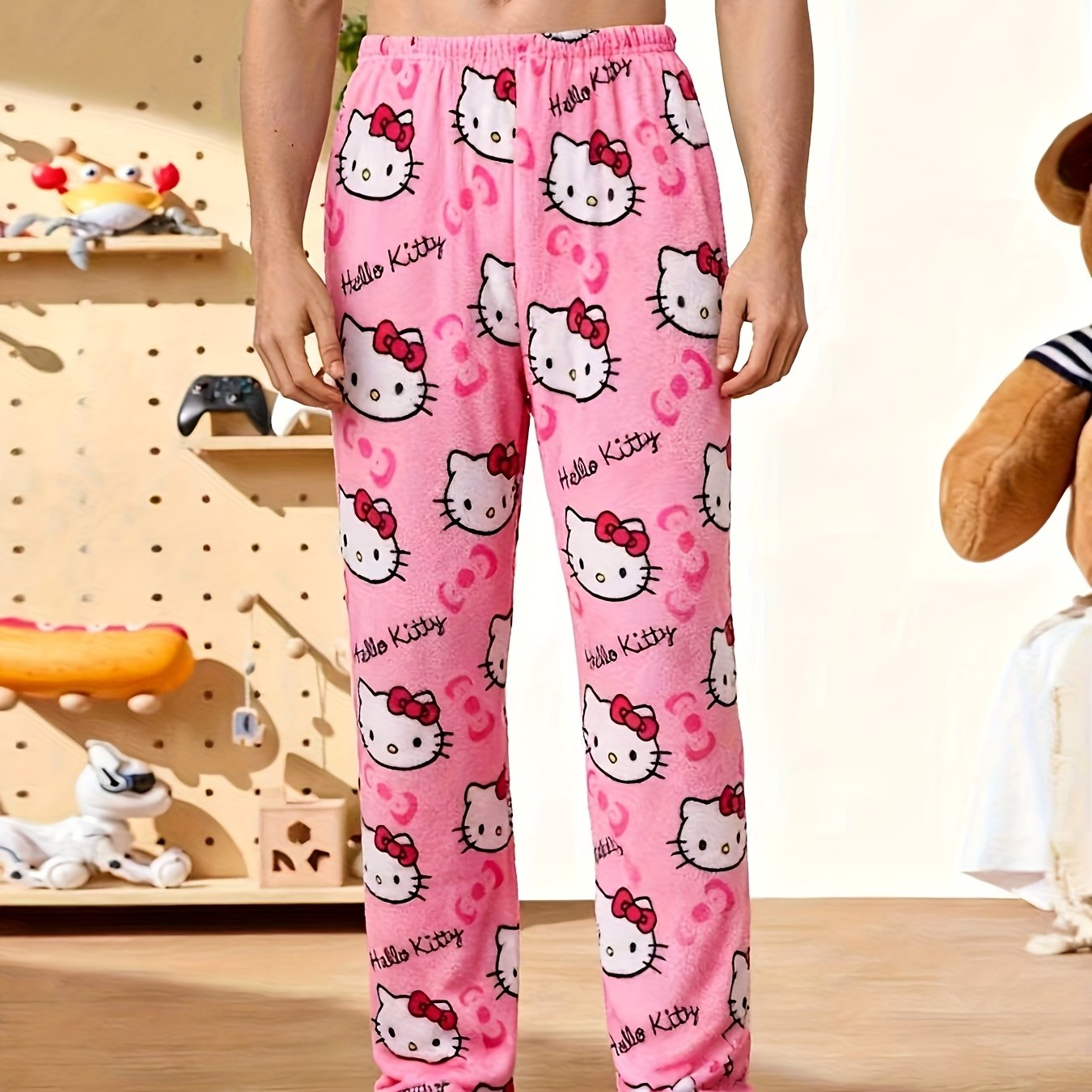 Men's Hello Kitty Pink Flannel Clothing Pants - Full-length Kt Printed Clothing With Iconic Hello Kitty Face & Bow, Cozy Winter Lounge Pants For Matching, Christmas Gifts (officially Licensed)