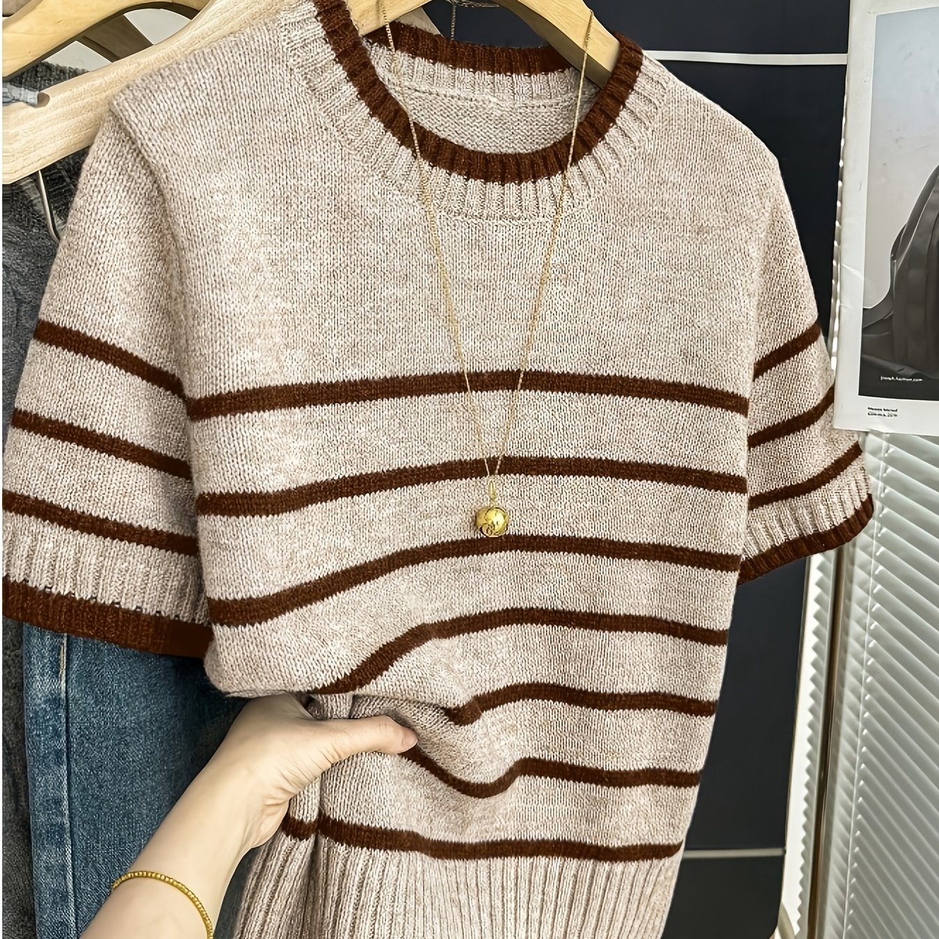 TEMU Women's Lightweight Striped Sweater - Short Sleeve Round Neck Pullover With Contrast Color Stripes, Medium Stretch Suitable For Spring/summer