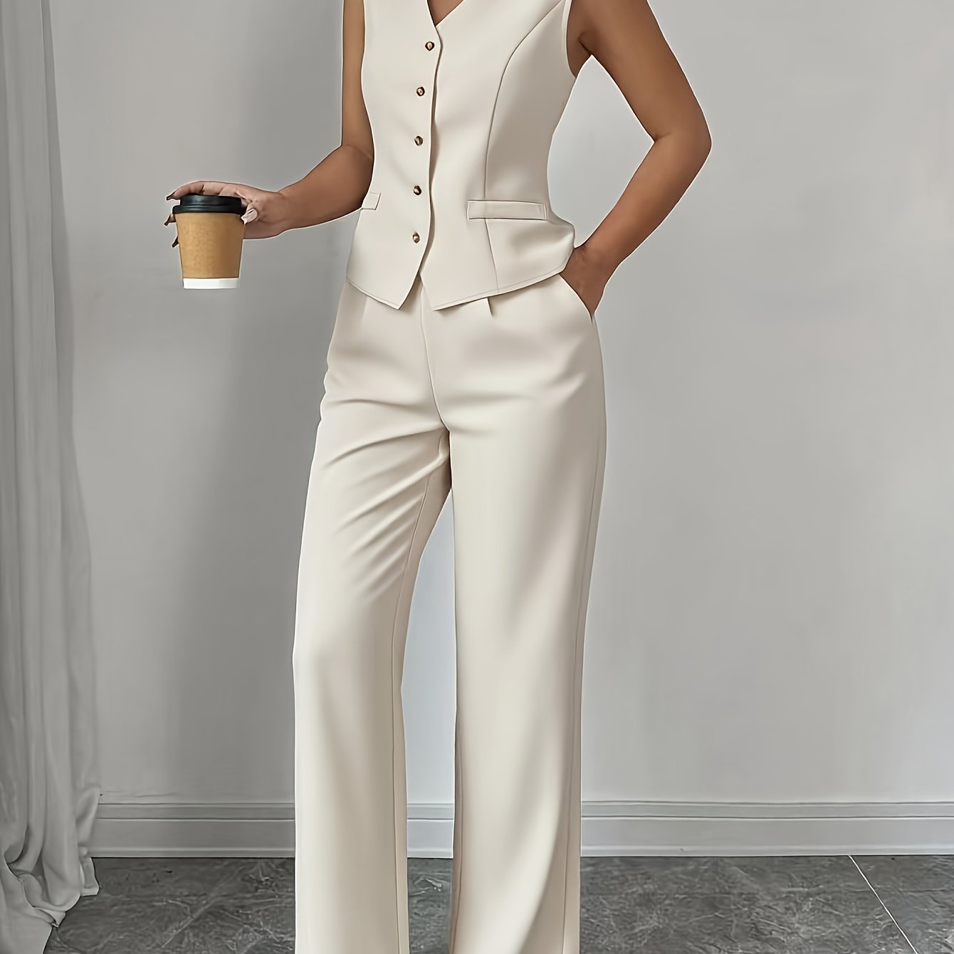 E-shop Elegantes stilvolles Damen-Pendler-Freizeit-Set mit ärmelloser Weste mit V-Ausschnitt gebundenem Taillenbund sowie Hose mit geradem Bein