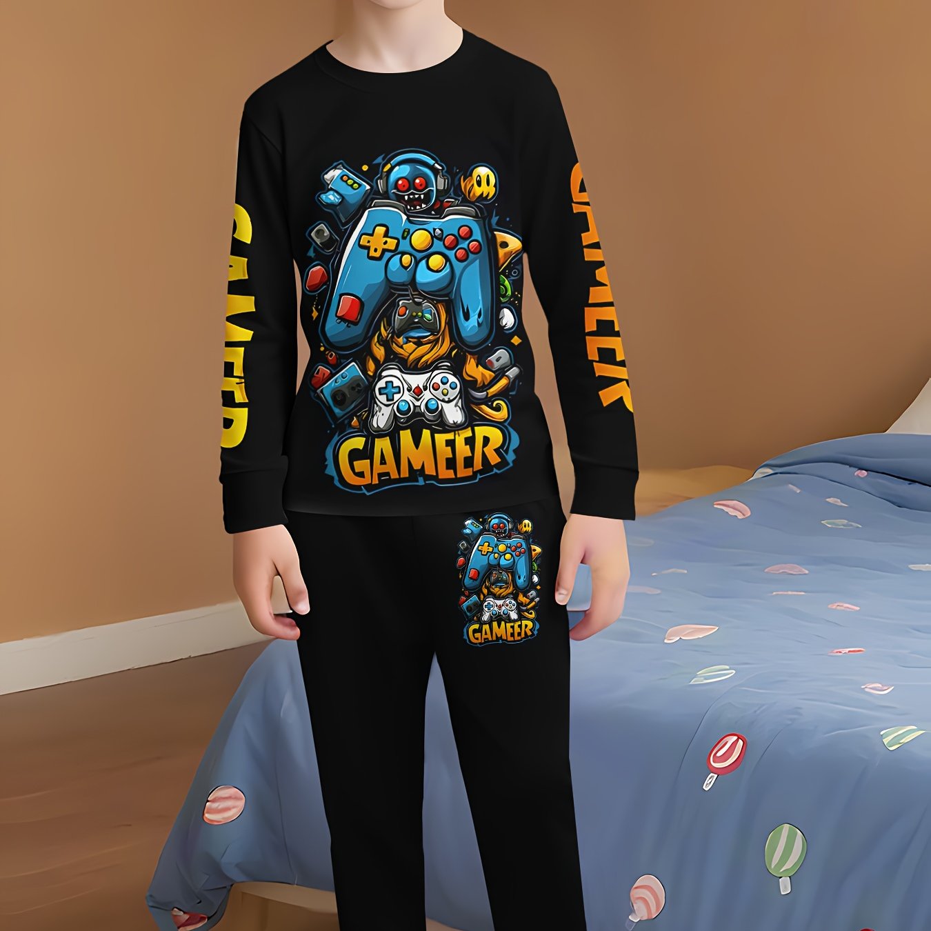 Boys' Fashion Set With Game Console Elements Long Sleeve T-shirt And Pants Two-piece