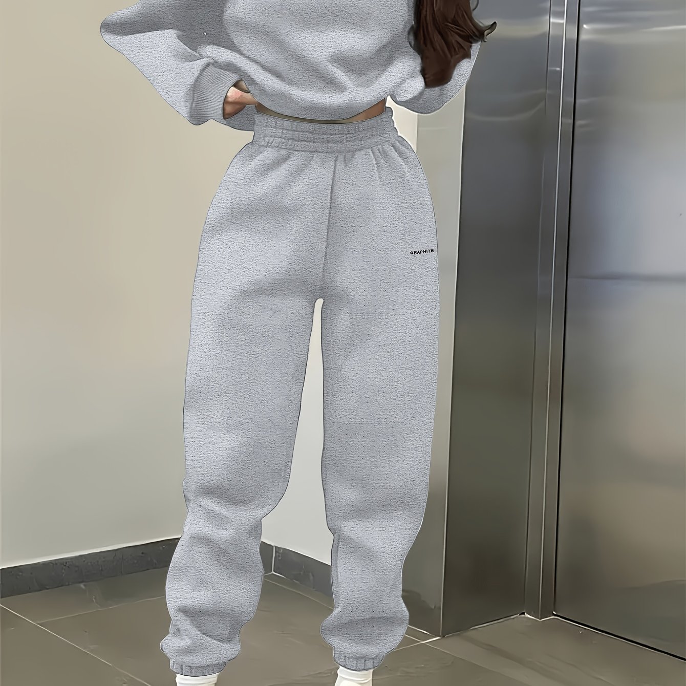 Image of Spring And Autumn Women's Fashion Casual Athletic Loose Sweatshirt Pants Set Embroidery Letter Design Indoor Outdoor Wear Clothing Sweatshirt Women