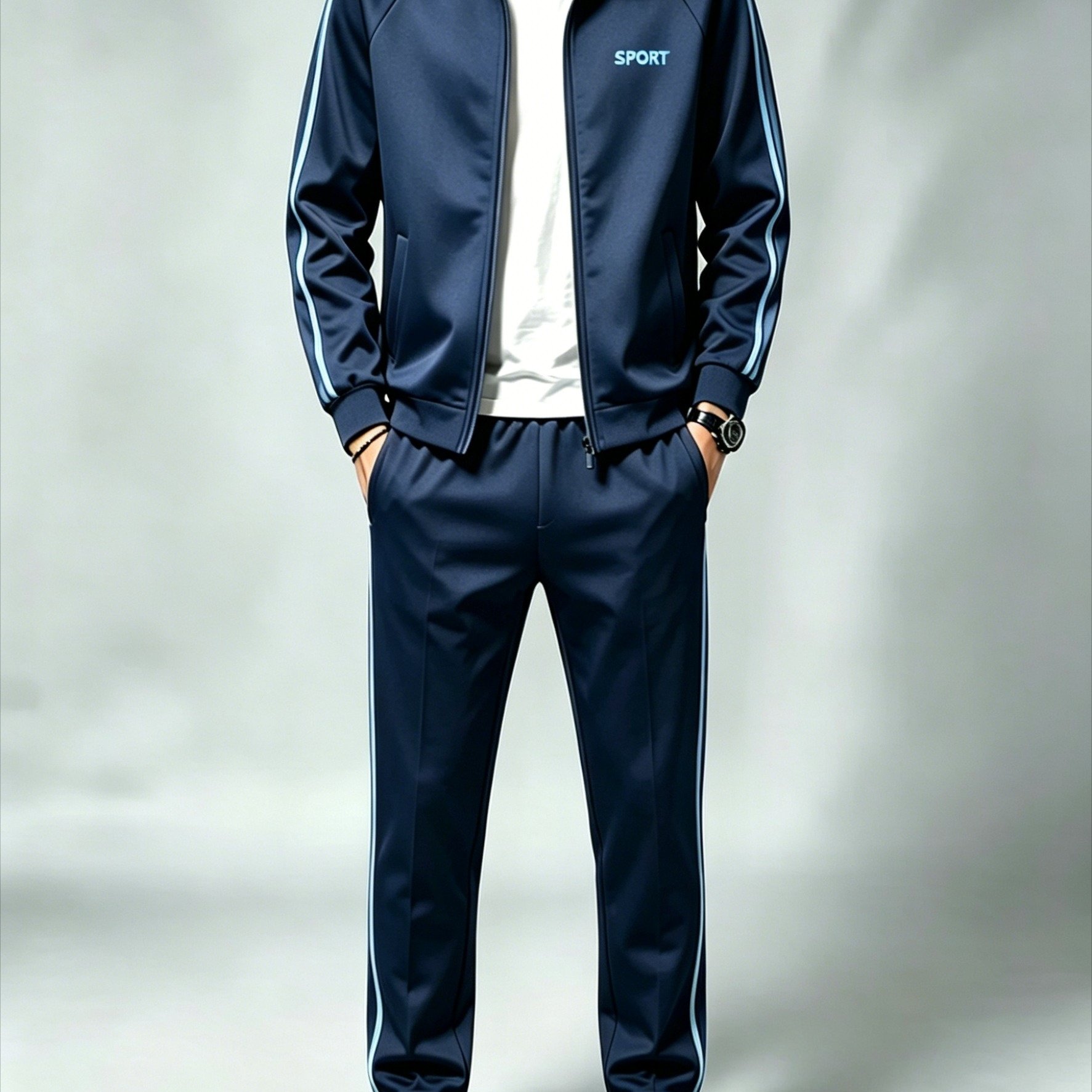 TEMU Men's Polyester Stand Collar Cardigan Set Casual Sports Navy Blue Two-piece Outfit With Light Stripes