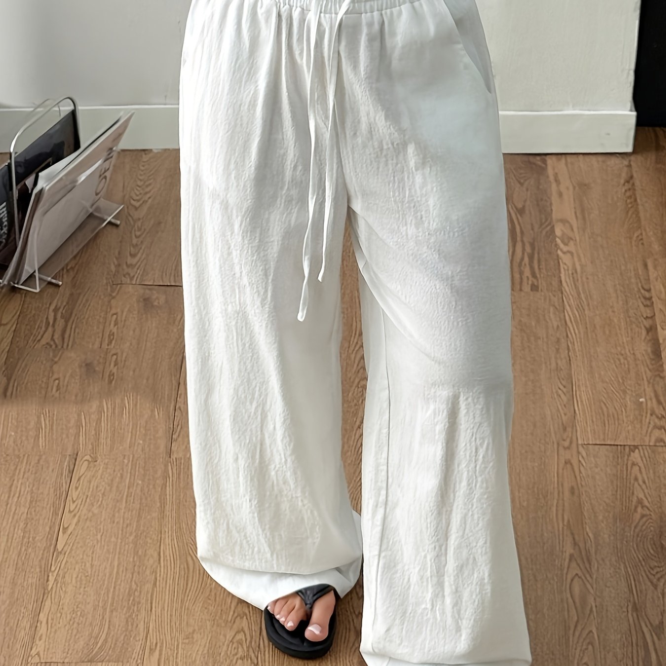 TEMU A Solid-color Wide-leg Pants, Casual Elastic Waist Loose Straight-leg Trousers