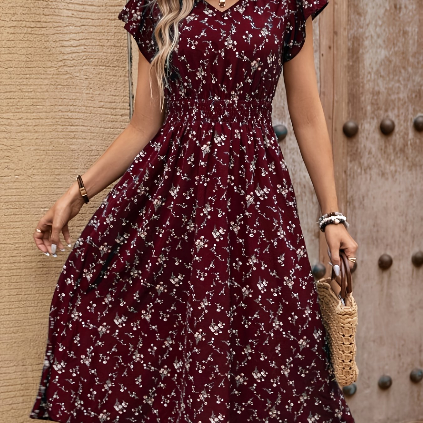 ruffle floral print midi dress in burgundy womens elegant floral print v neck midi dress ruffle sleeves