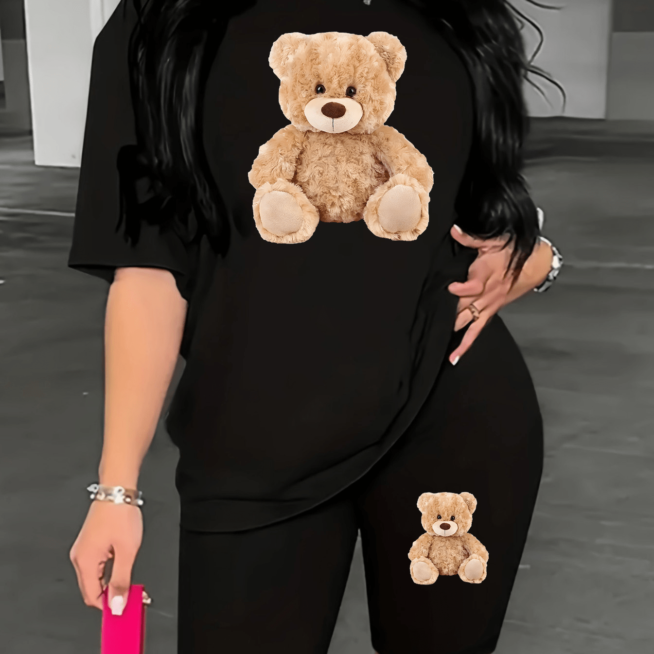 TEMU Women's Sportswear 2pcs Suit, Casual And Fashionable Bear Printed Short-sleeved Round Neck T-shirt And Fitted Shorts, Suitable For Daily Wear Or