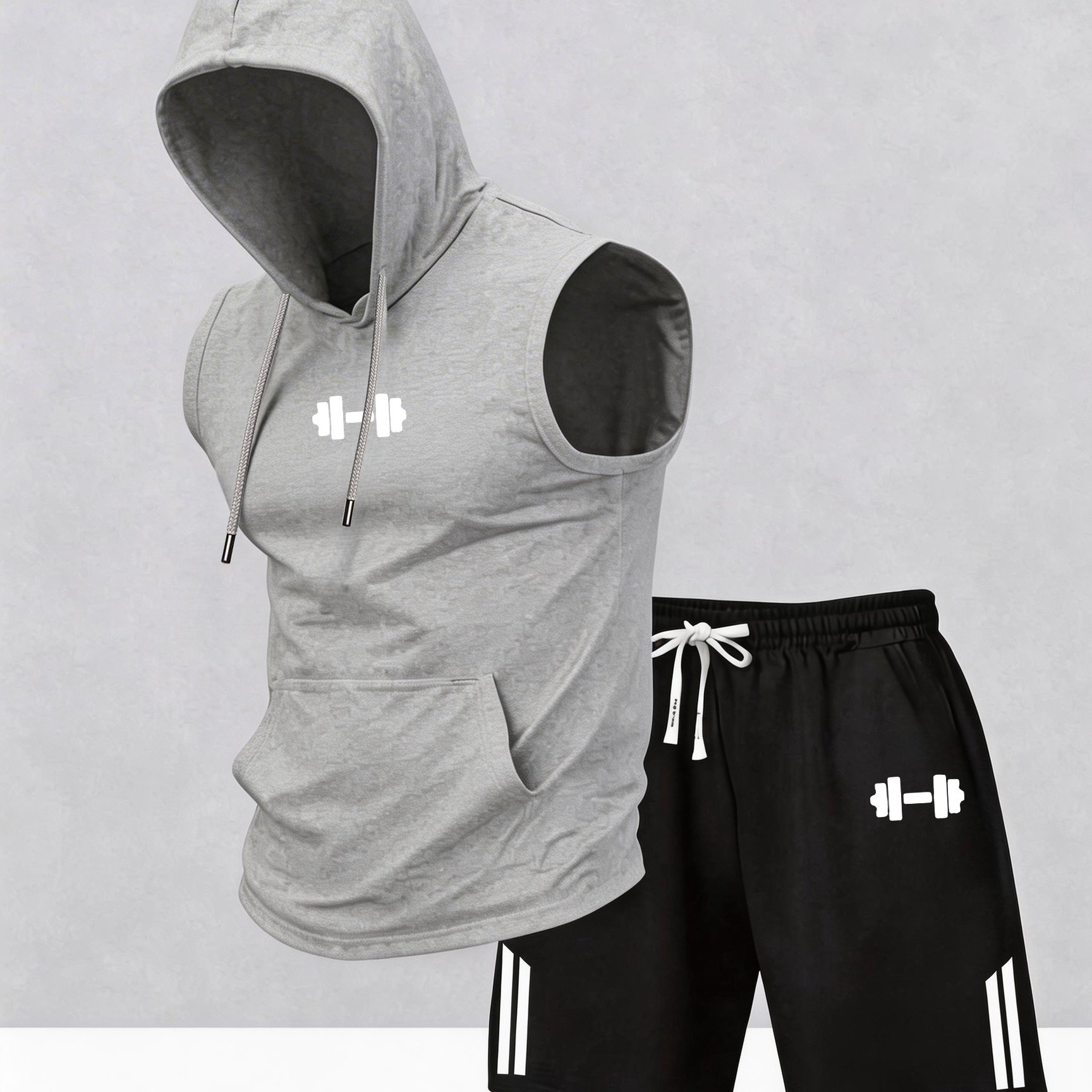 TEMU Men's Summer Fitness Training Sportswear Set: Dumbbell Print Sleeveless Hooded Tank Top   Shorts 2pcs Set