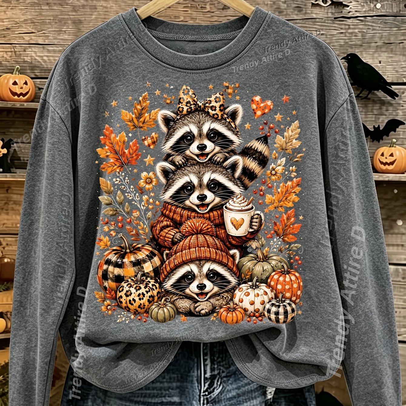 TEMU Autumn/winter: Vintage Cute Raccoon Print Round Neck Long Sleeve T-shirt, Comfortable, Soft, And Fashionable, Suitable For Everyday Wear In