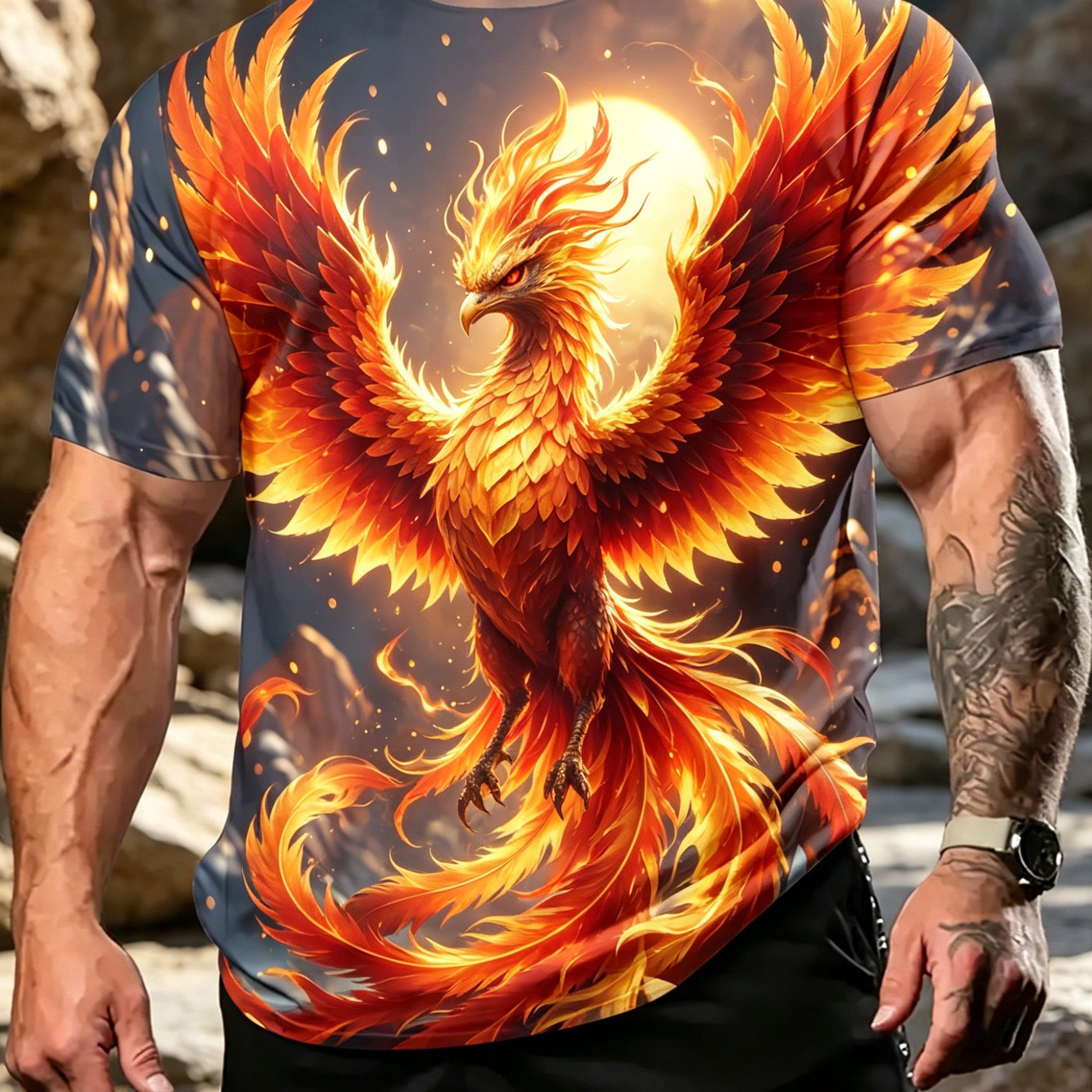 TEMU [printed Design-nottextured]men's Phoenix Printed Short Sleeve, Comfortable Breathable Simple Top, Multi-scene Wear, Plus Size