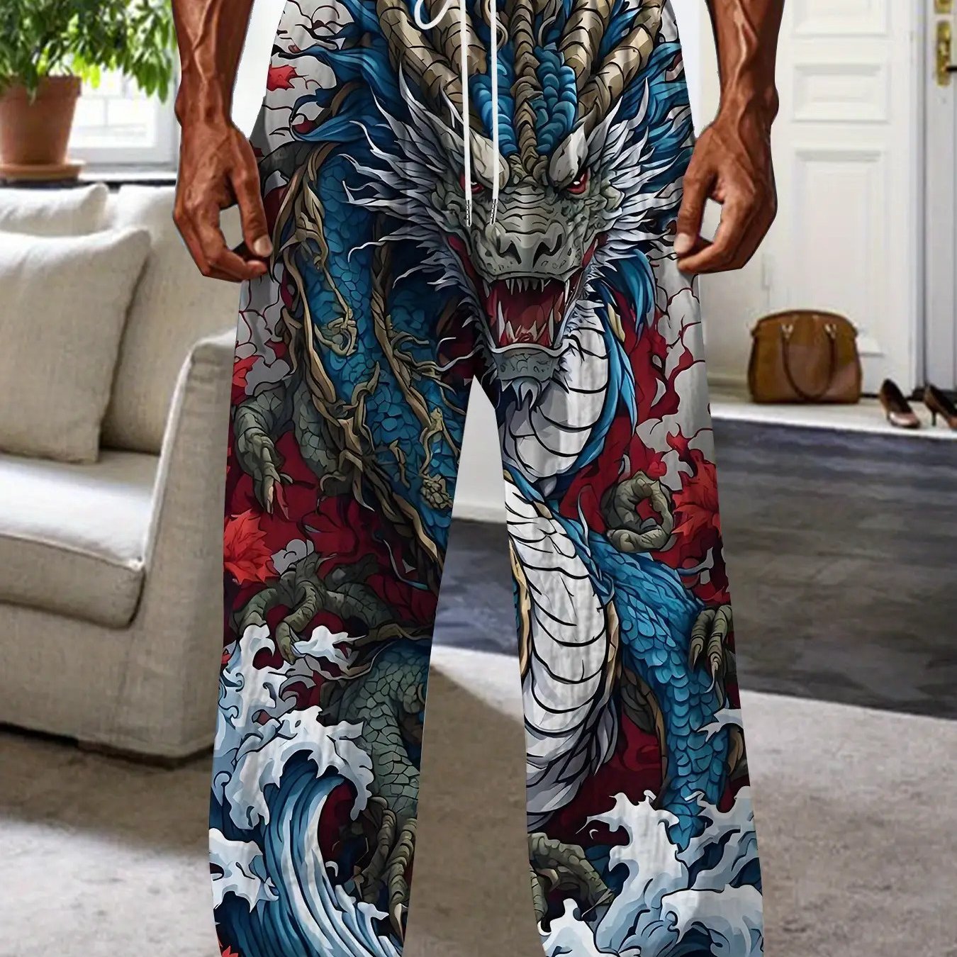 TEMU Men's Relaxed-fit Straight-leg Trousers Featuring A Dragon Motif - And Graphic Design, Machine Washable, Perfect For Autumn And Winter Casual