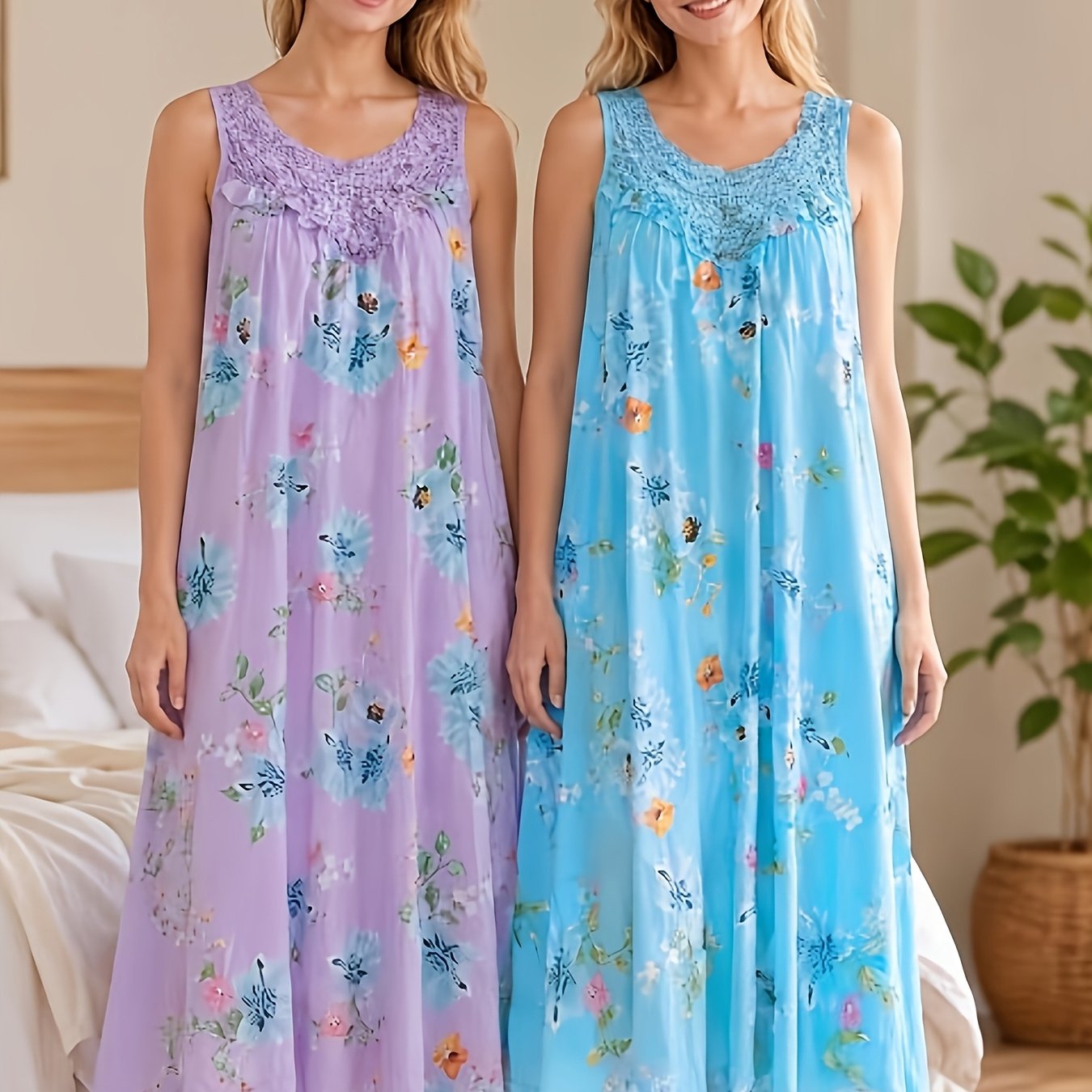 TEMU 2pcs Women's Floral Print Summer Sleeveless Midi Nightgown, Loose Tank Top Style Sleepwear, Ruffle Lace Round Neck Sleeveless Floral Tank Dress