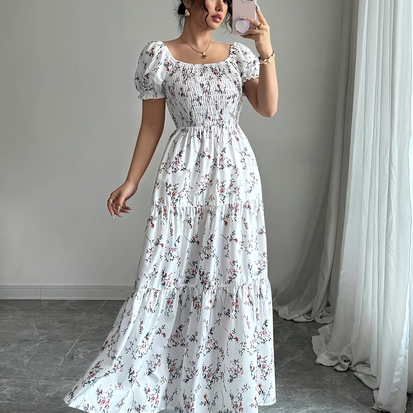 TEMU Elegant Floral A-line Dress For Women - Short Sleeve, Shoulder Detail, Tiered Ruffle Hem, Square Neck, Spring/summer Collection, White With Pink